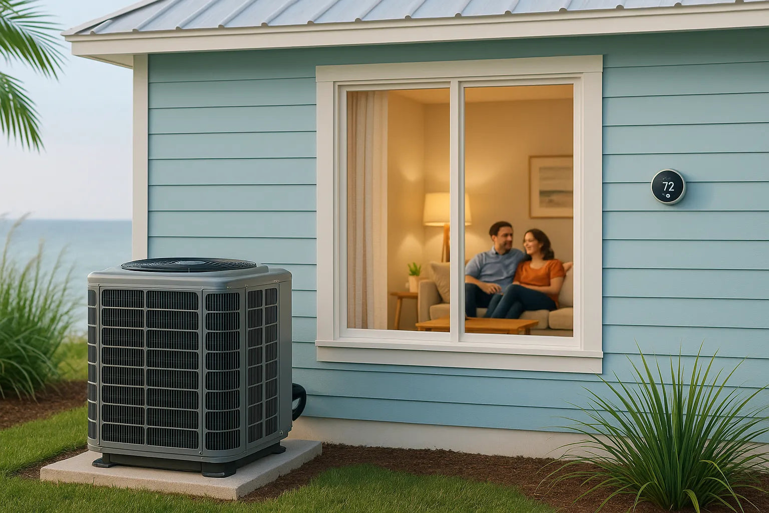 Coastal U.S. home with energy-efficient outdoor AC unit and cozy living room trustworthy, comfortable heating and cooling by The Furnace Outlet.