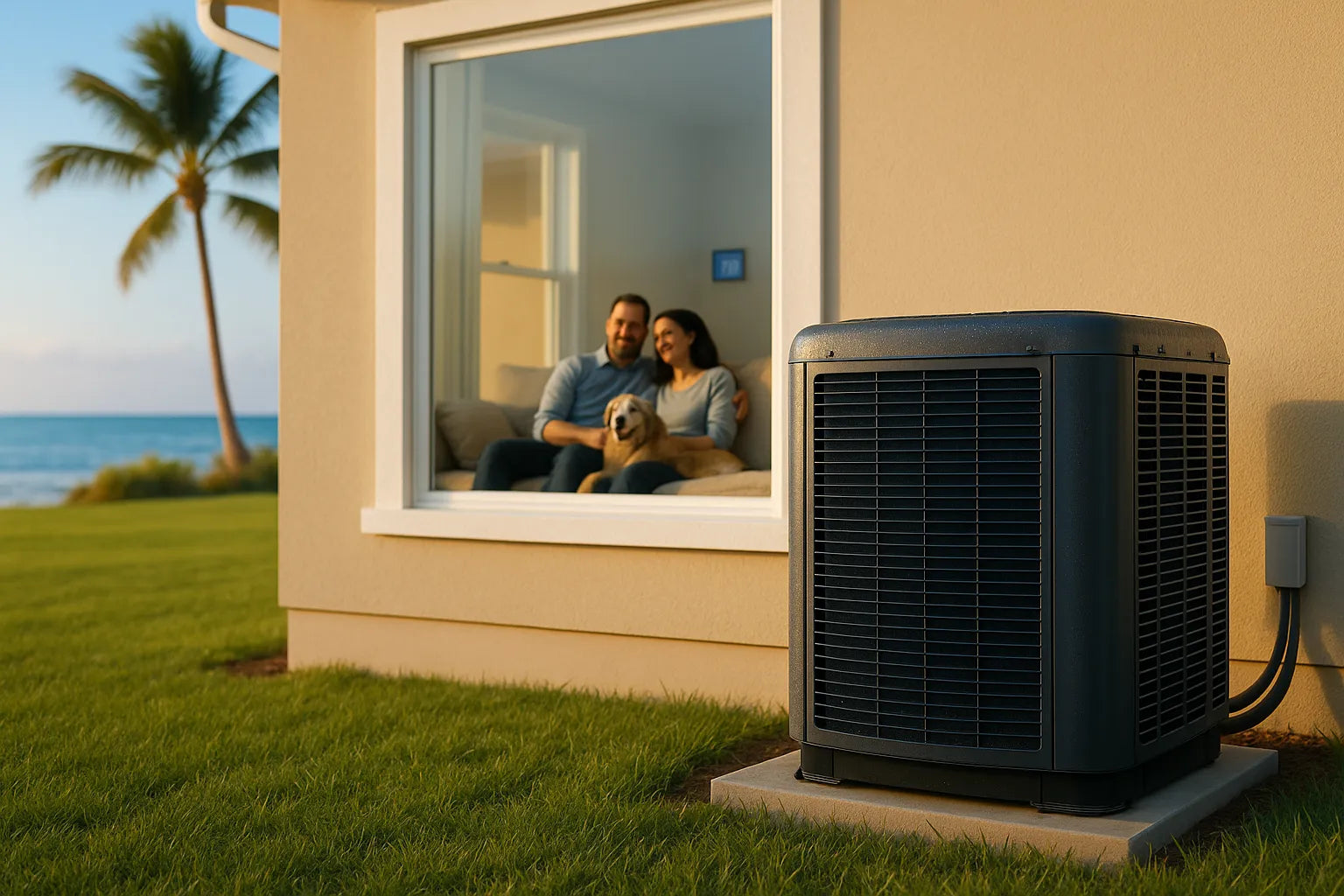 Coastal home with corrosion-resistant AC condenser and family relaxing indoors—energy-efficient comfort by The Furnace Outlet.