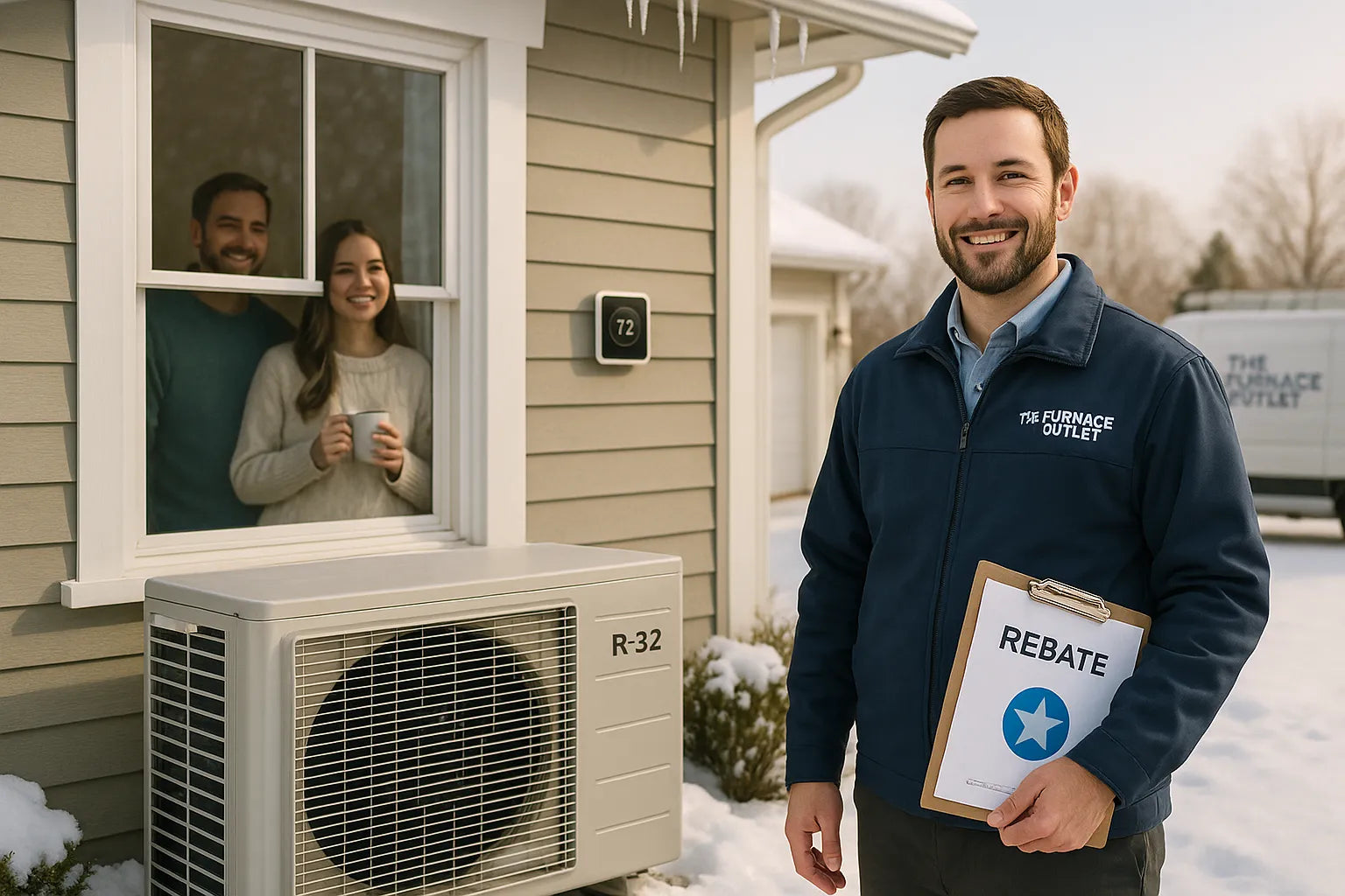 Cold-climate heat pump installation at a snowy suburban home with a friendly Furnace Outlet technician and smart thermostat, showing energy-efficient, reliable comfort.