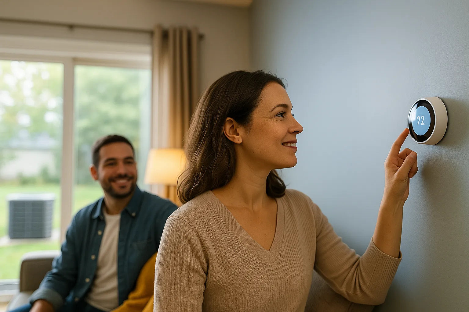 Comfortable U.S. living room with couple adjusting a smart thermostat, conveying energy-efficient heating and cooling for The Furnace Outlet.