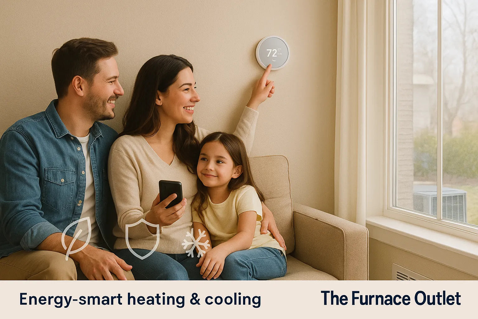 Comfortable U.S. living room with couple adjusting a smart thermostat, conveying energy-efficient heating and cooling for The Furnace Outlet.