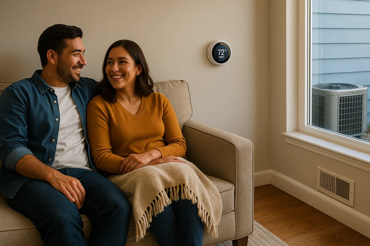 Comfortable U.S. living room with smart thermostat and outdoor AC unit visible, conveying energy-efficient, reliable home cooling and heating.