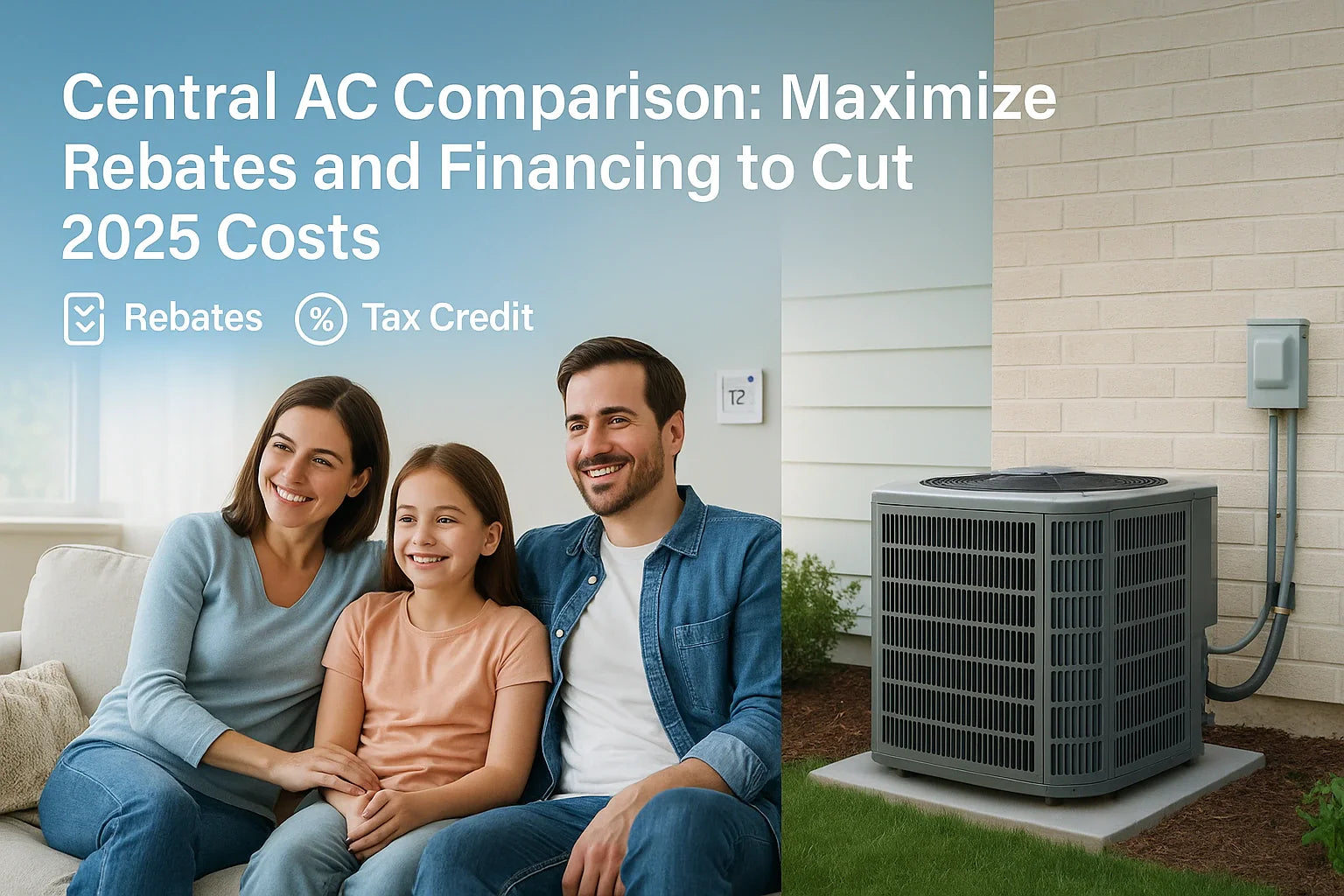 Comfortable family in a U.S. home with a high-efficiency central AC condenser outside trustworthy, energy-saving, and reliable.