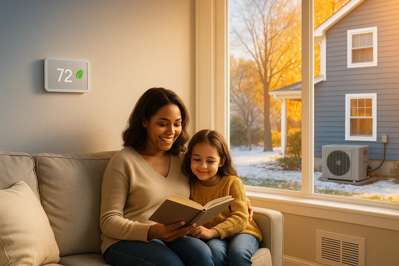 Comfortable family in a bright living room with a smart thermostat at 72°F and a brand-less outdoor heat pump visible through the window, conveying efficient, reliable heating and cooling for a U.S. home.
