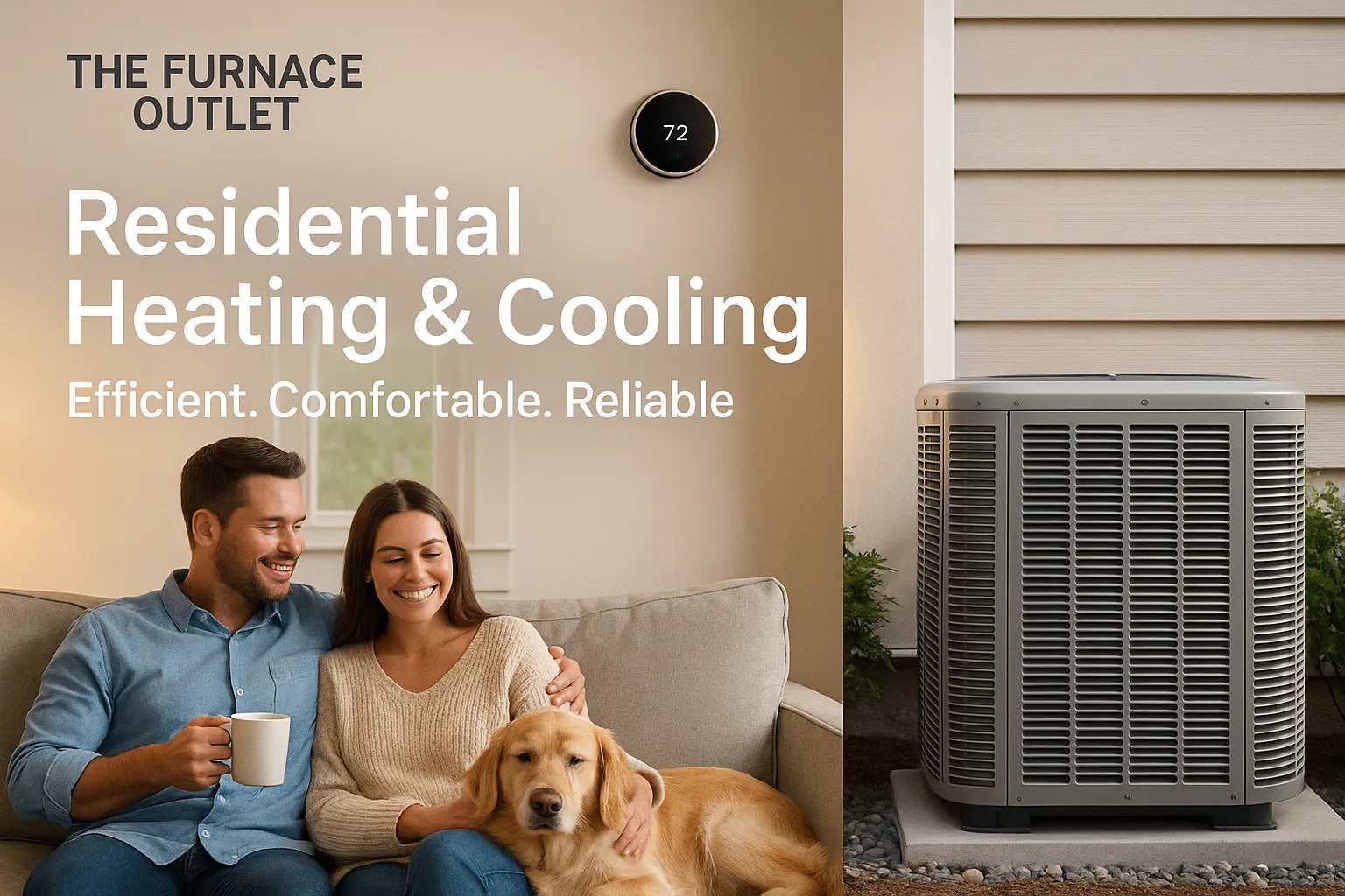 Comfortable homeowners relaxing in a cozy living room with a smart thermostat and outdoor condenser visible, showcasing The Furnace Outlet’s energy-efficient residential heating and cooling.
