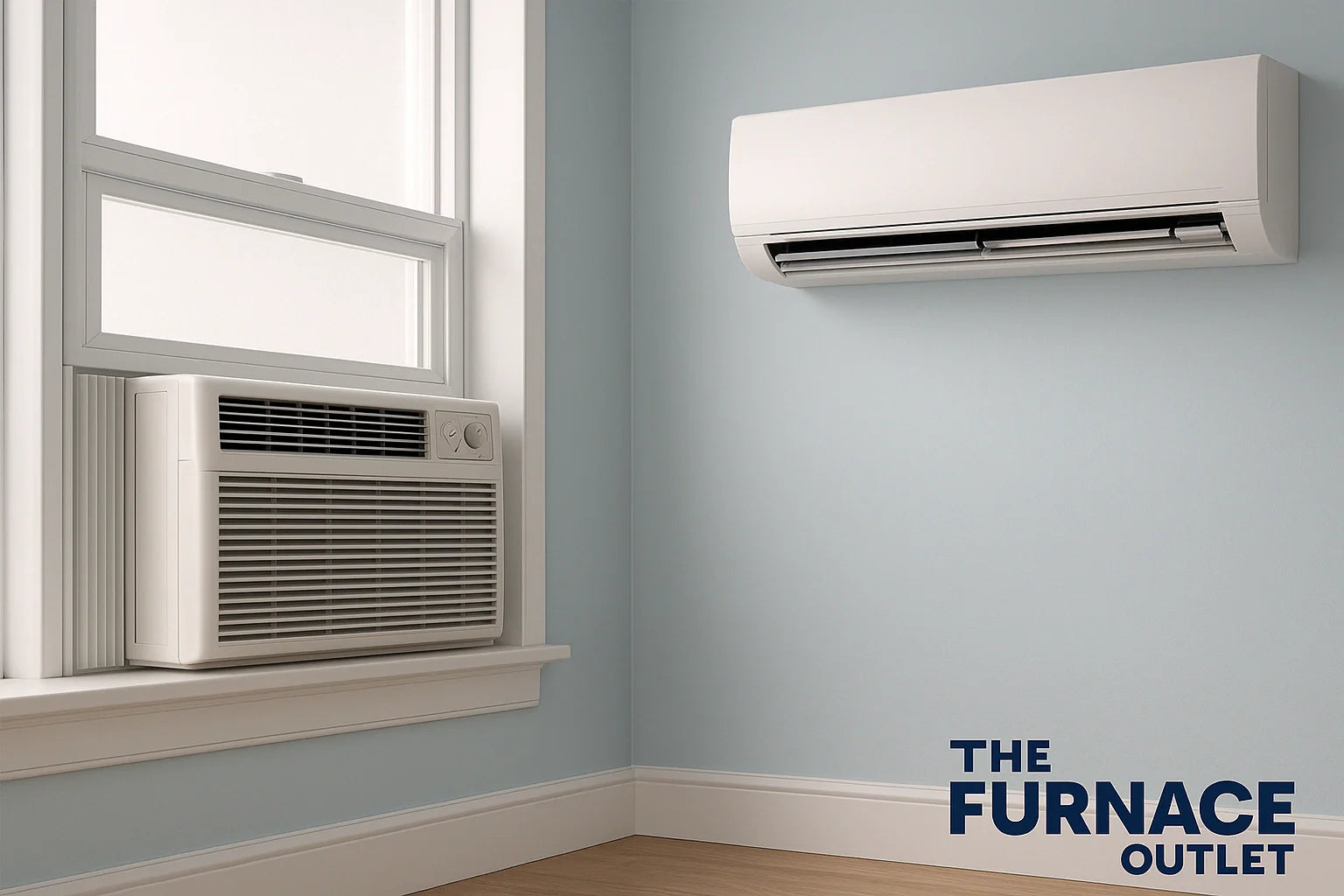 Comparison of a window AC and wall-mounted split AC in a modern room, branded for The Furnace Outle