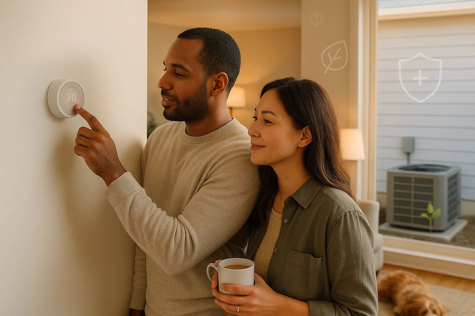 Couple adjusting a smart thermostat in a cozy living room with an outdoor AC condenser visible through the window, conveying efficient home heating and cooling.