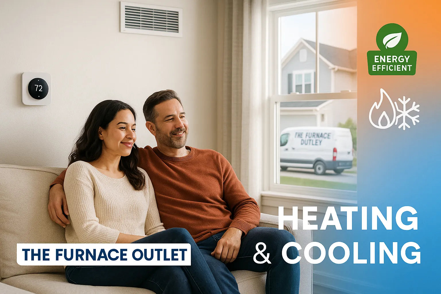Couple relaxing in a bright living room with smart thermostat and service van outside—hero image for The Furnace Outlet highlighting energy-efficient heating and cooling.