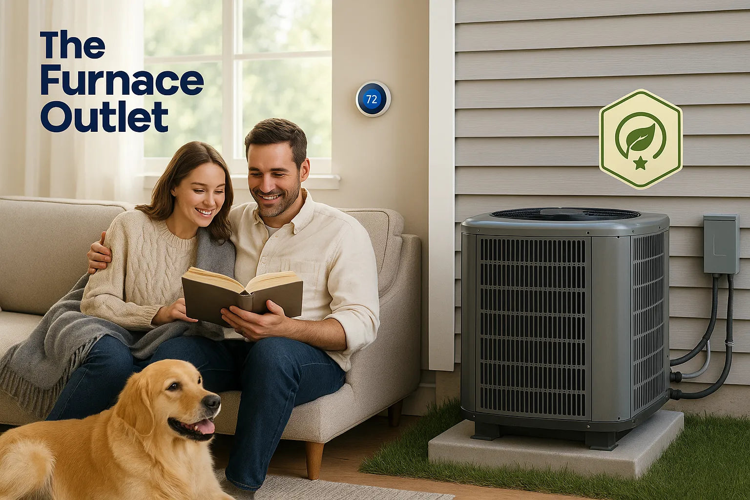 Cozy U.S. home scene showing a happy couple indoors and a tidy, efficient outdoor heat pump—conveying energy-smart comfort and reliability from The Furnace Outlet.