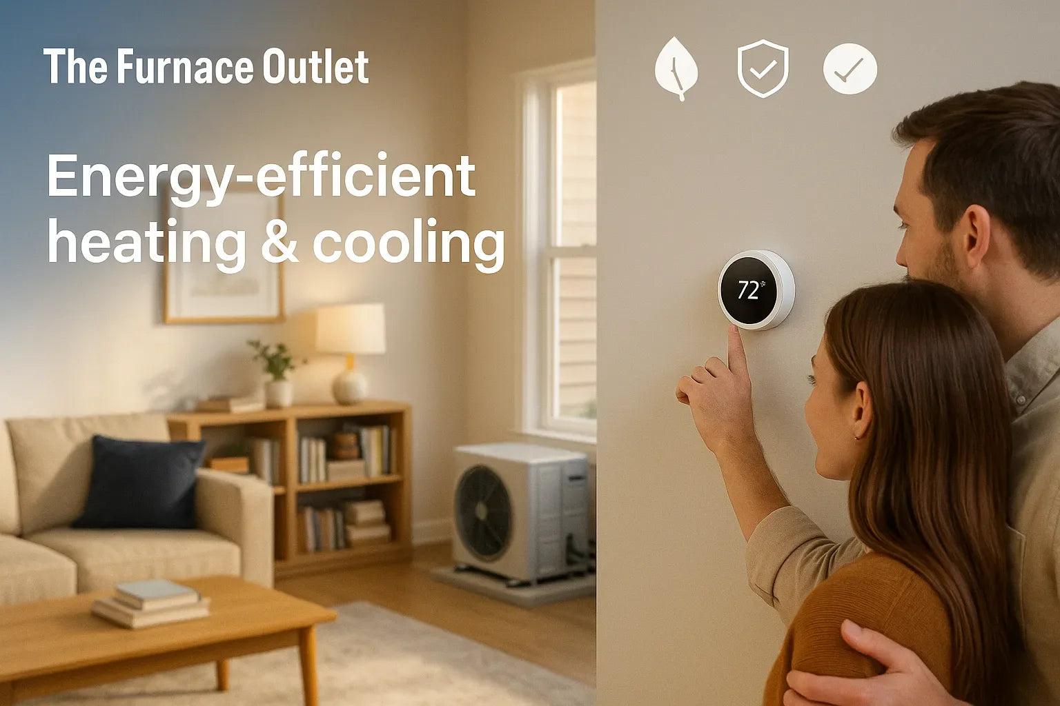 Cozy U.S. living room with smart thermostat set to 72°F and an energy-efficient heat pump visible outside, conveying trustworthy residential heating and cooling by The Furnace Outlet.