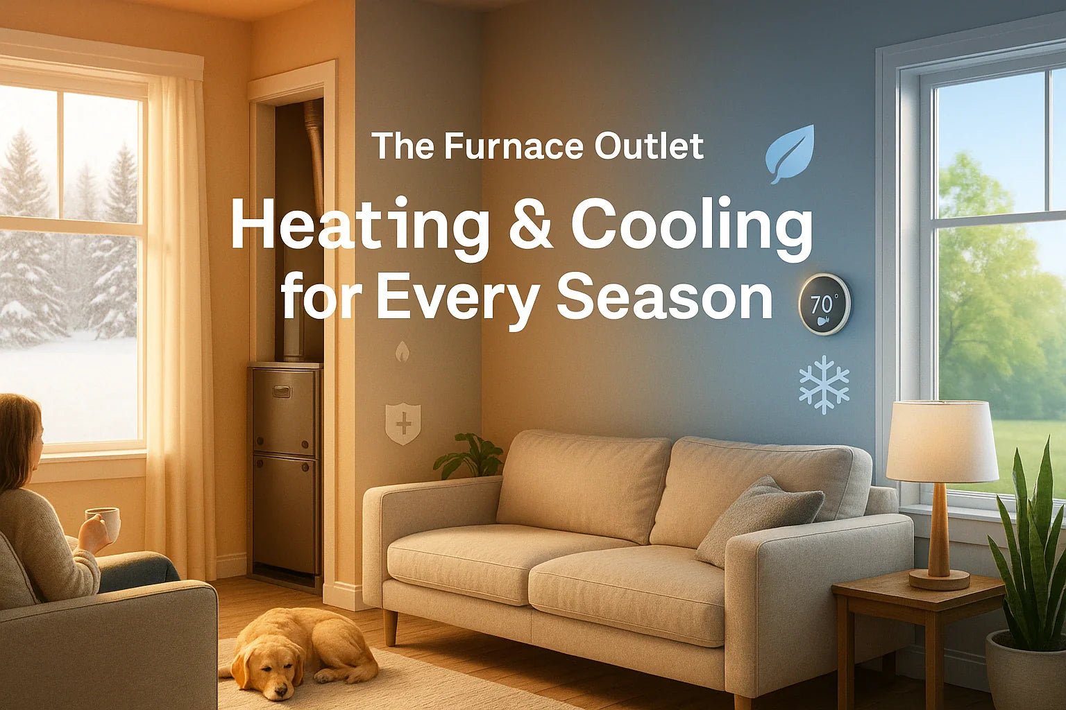 Cozy living room split between warm winter and cool summer tones, showcasing energy-efficient home heating and cooling by The Furnace Outlet.