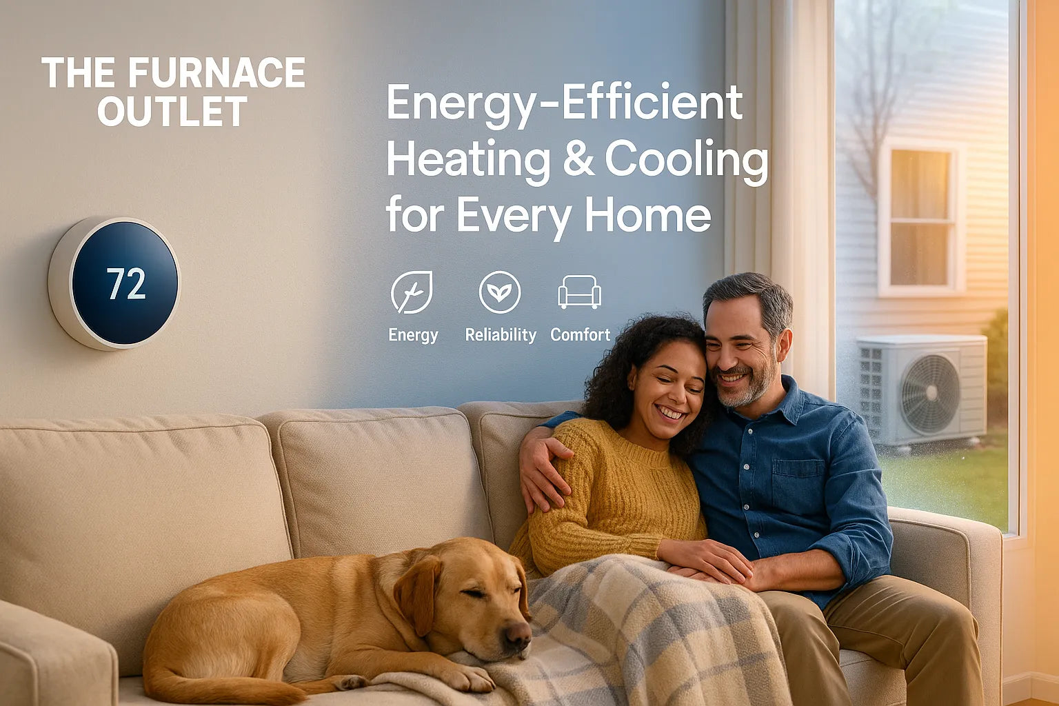 Cozy living room with couple and dog, smart thermostat at 72°F, and outdoor AC unit visible through window—conveying energy-efficient, reliable home heating and cooling.