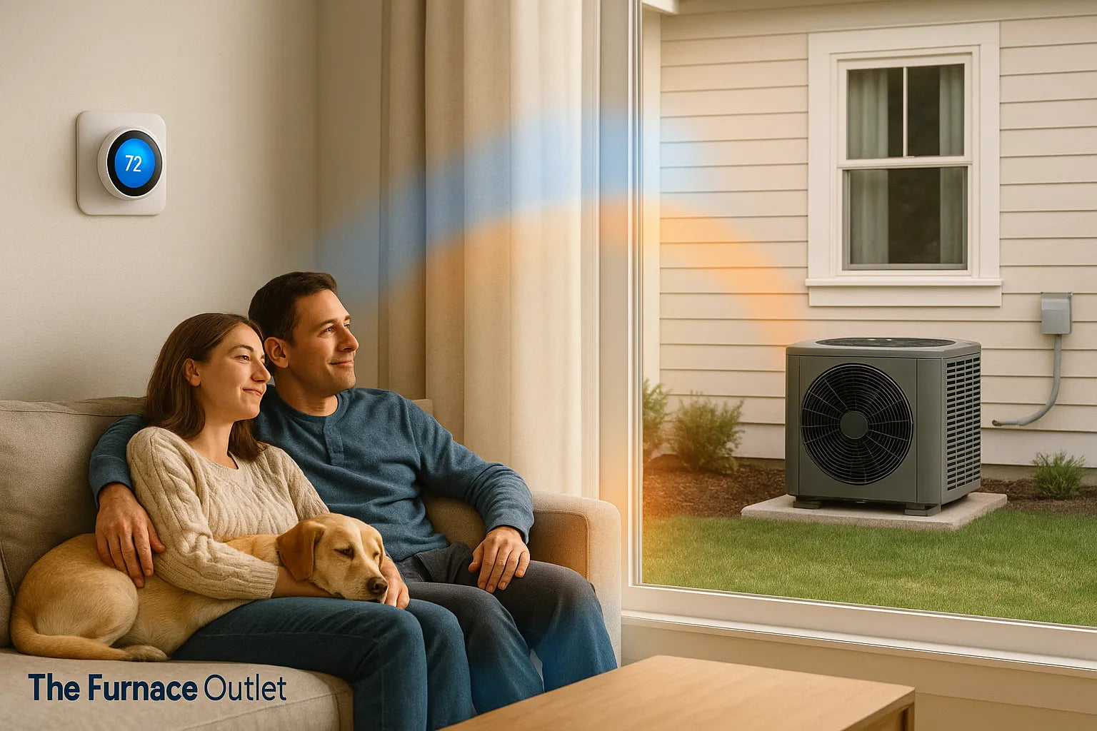Cozy living room with smart thermostat and visible outdoor heat pump, conveying reliable, energy-efficient home heating and cooling by The Furnace Outlet.