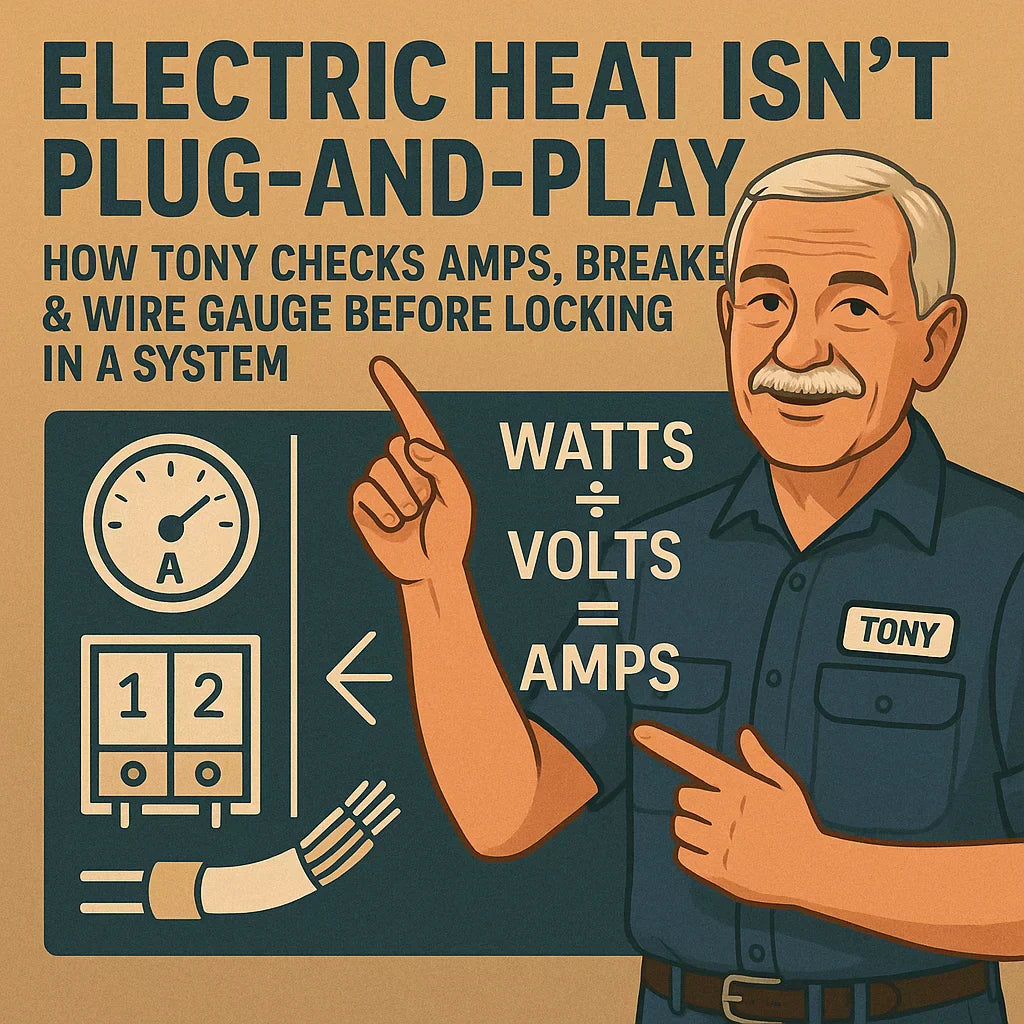 Electric Heat Isn’t Plug-and-Play — How Tony Checks Amps, Breakers & Wire Gauge Before Locking in a System