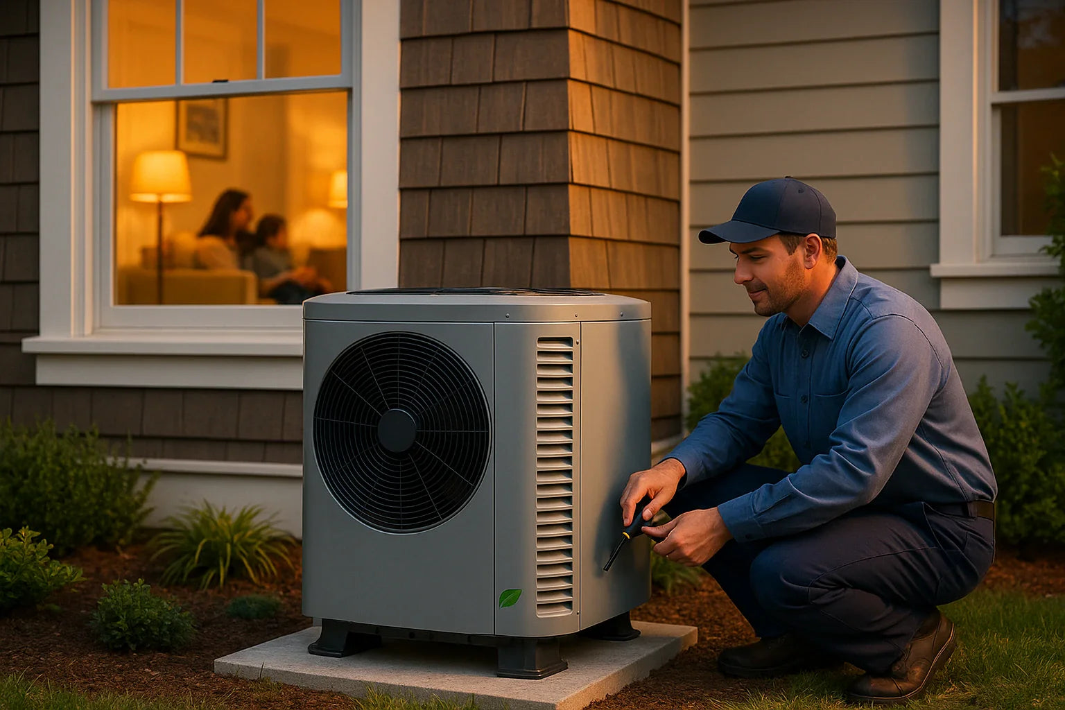 Energy-efficient outdoor heat pump being serviced by a friendly technician at a quiet U.S. suburban home, conveying reliable, comfortable HVAC.