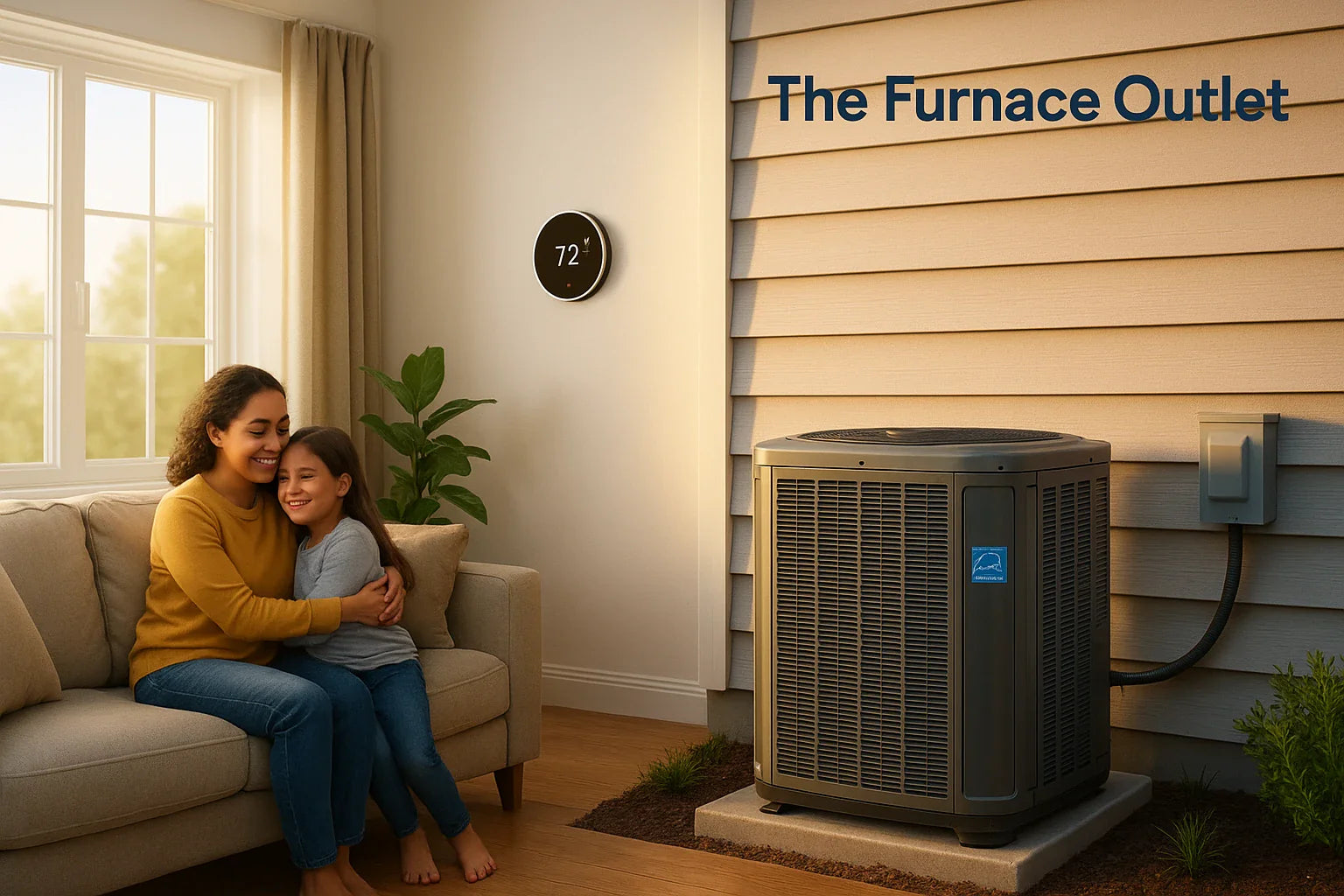 Energy-efficient residential HVAC hero—cozy living room with smart thermostat and modern outdoor heat pump condenser.