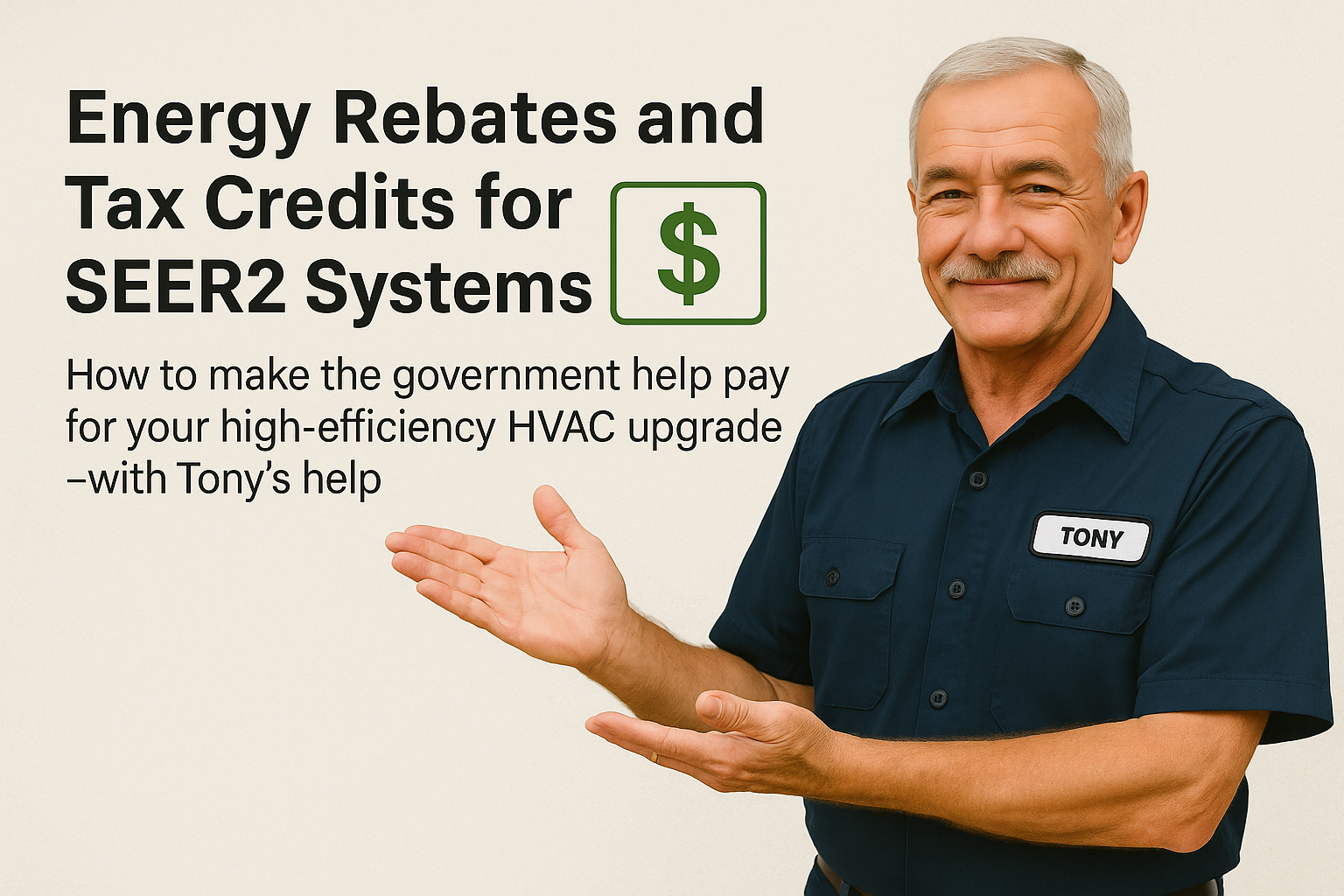 Energy Rebates and Tax Credits for SEER2 Systems. How to make the government help pay for your high-efficiency HVAC upgrade—with Tony’s help.