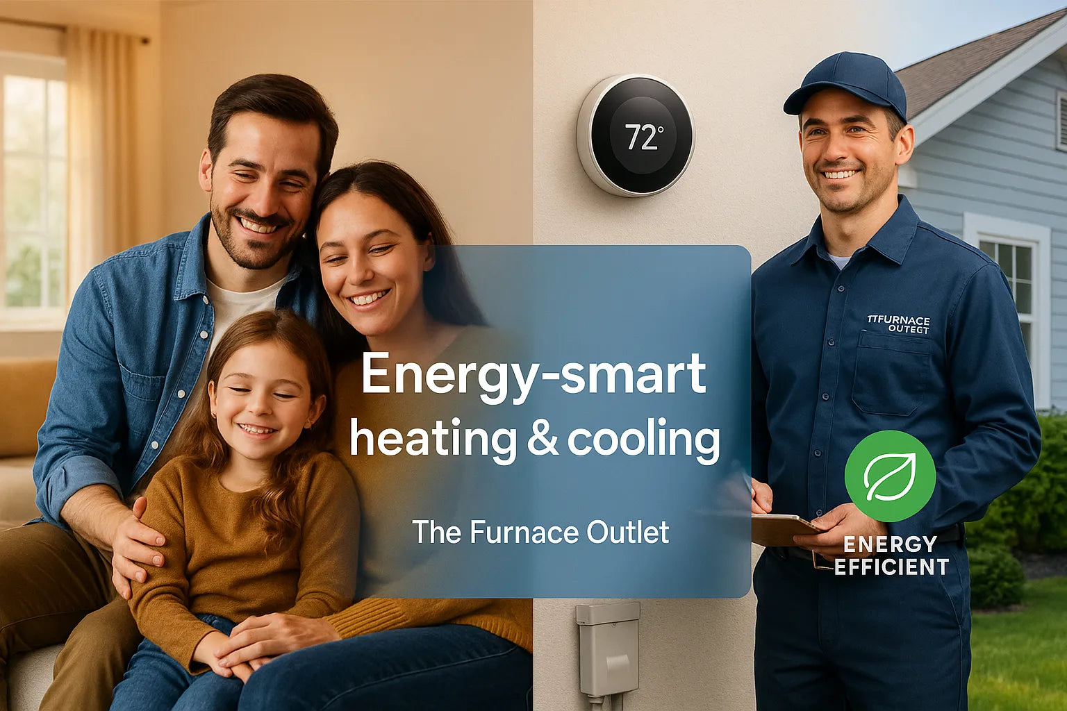 Family in a cozy living room and a friendly HVAC technician by an outdoor heat pump, illustrating energy-efficient heating and cooling from The Furnace Outlet.