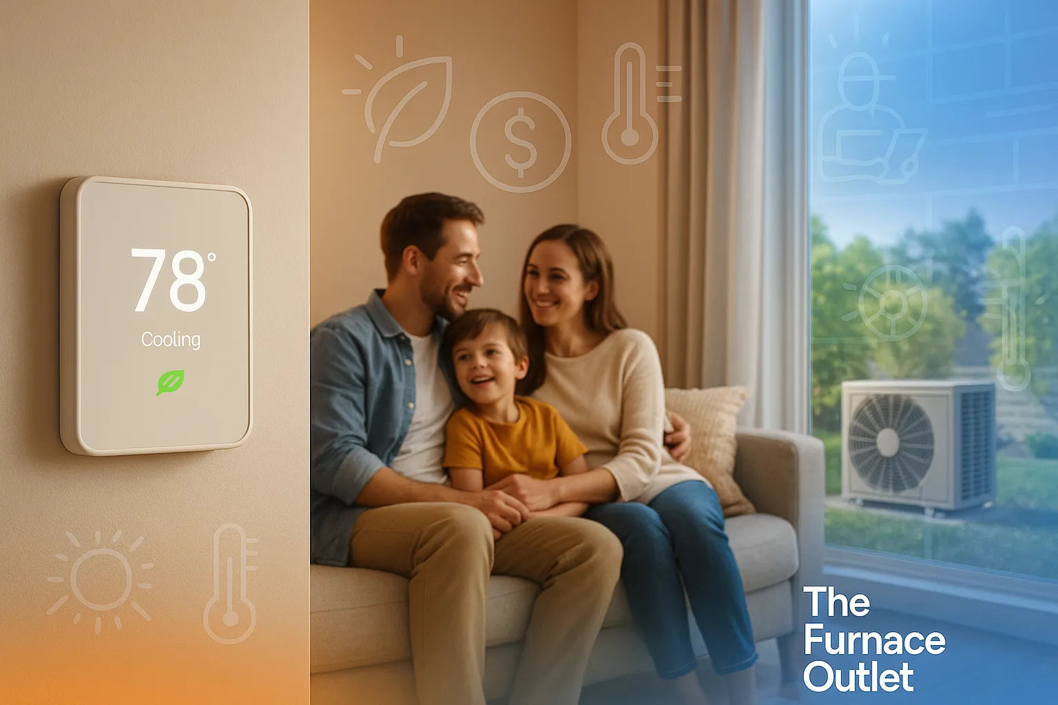 Family living room with smart thermostat and outdoor heat pump, illustrating efficient year‑round home comfort.