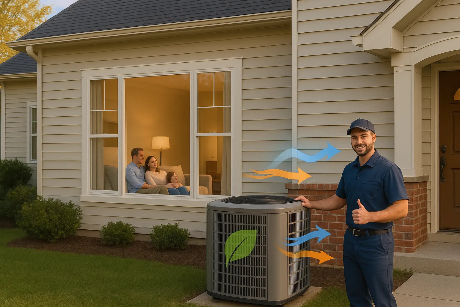 Family relaxes indoors while technician inspects an energy-efficient HVAC unit outside a suburban home.