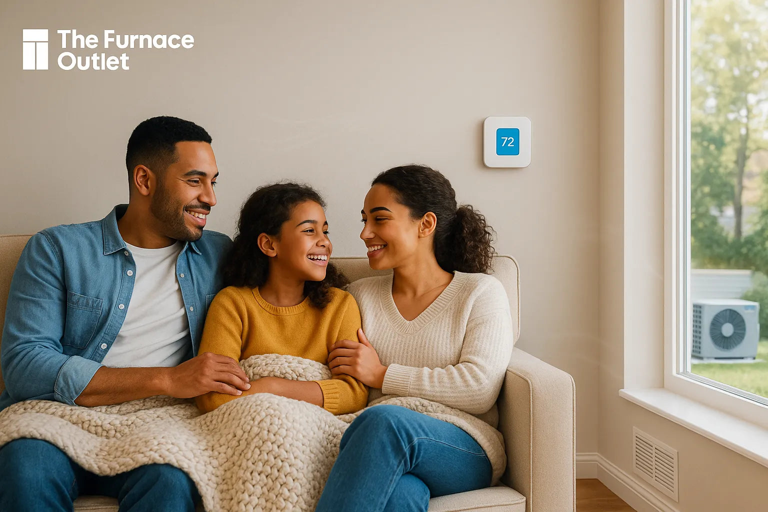 Family relaxing in a U.S. living room with a 72°F smart thermostat and outdoor heat pump—showing energy-efficient, reliable comfort by The Furnace Outlet.