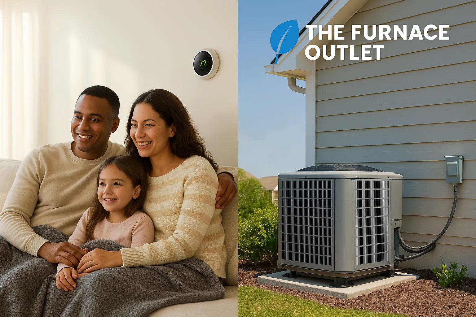 Family relaxing in a cozy living room paired with a tidy outdoor condenser install—trustworthy, energy-efficient residential HVAC by The Furnace Outlet.
