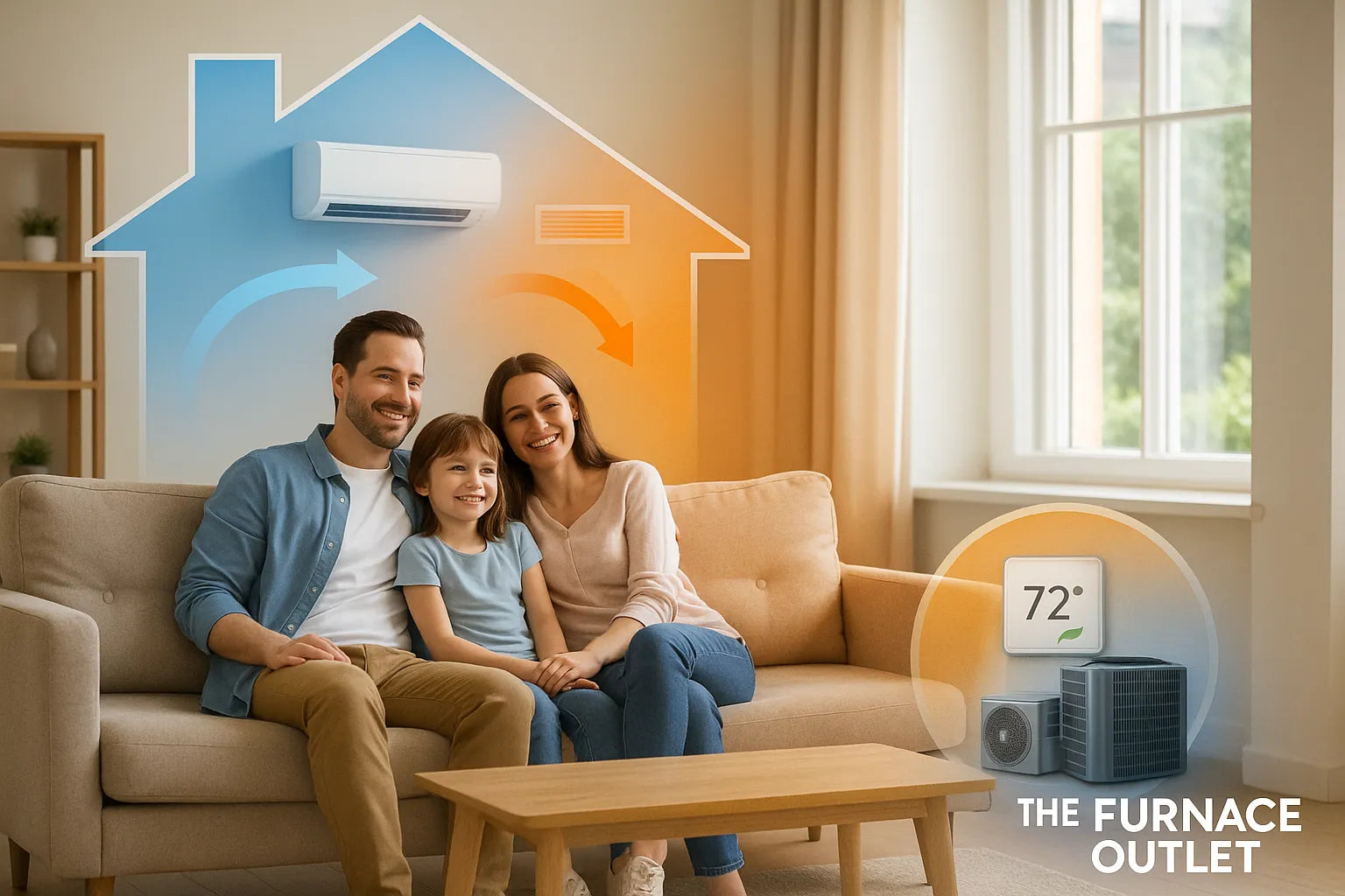Family relaxing in a sunlit living room with visual cues of efficient heating and cooling, representing The Furnace Outlet’s reliable HVAC solutions.