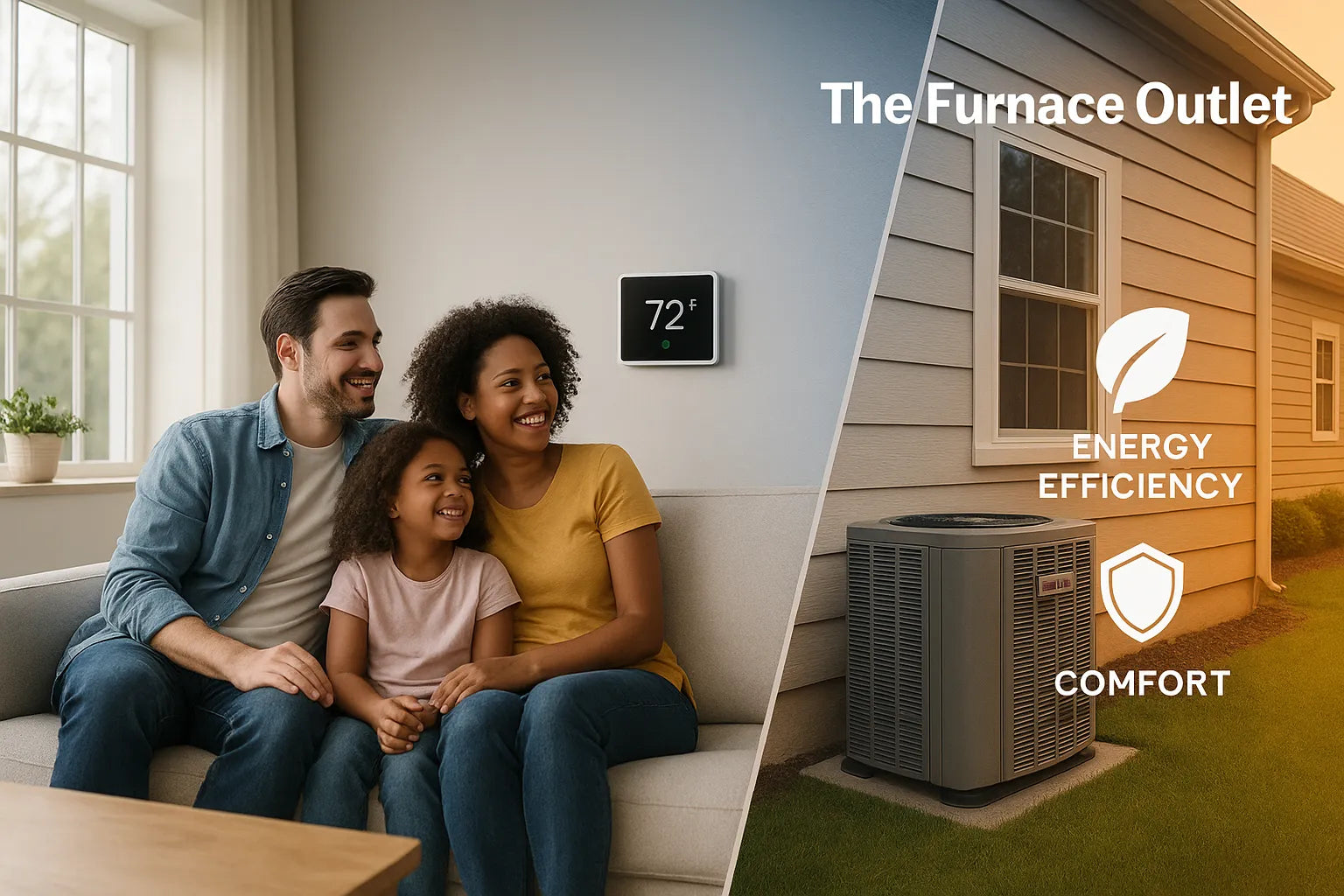 Family relaxing indoors with a smart thermostat while a central AC unit sits outside a suburban home—illustrating efficient, comfortable, reliable HVAC from The Furnace Outlet.