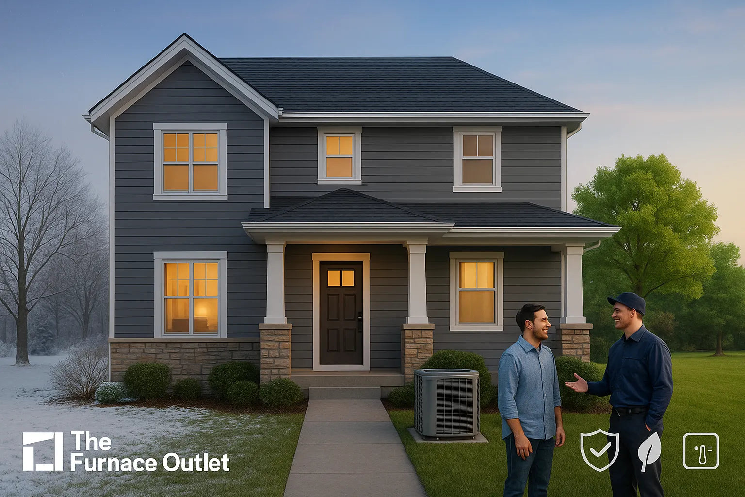Friendly HVAC technician with homeowner outside a modern U.S. house, summer/winter split, highlighting efficient furnace and heat pump comfort and reliability.
