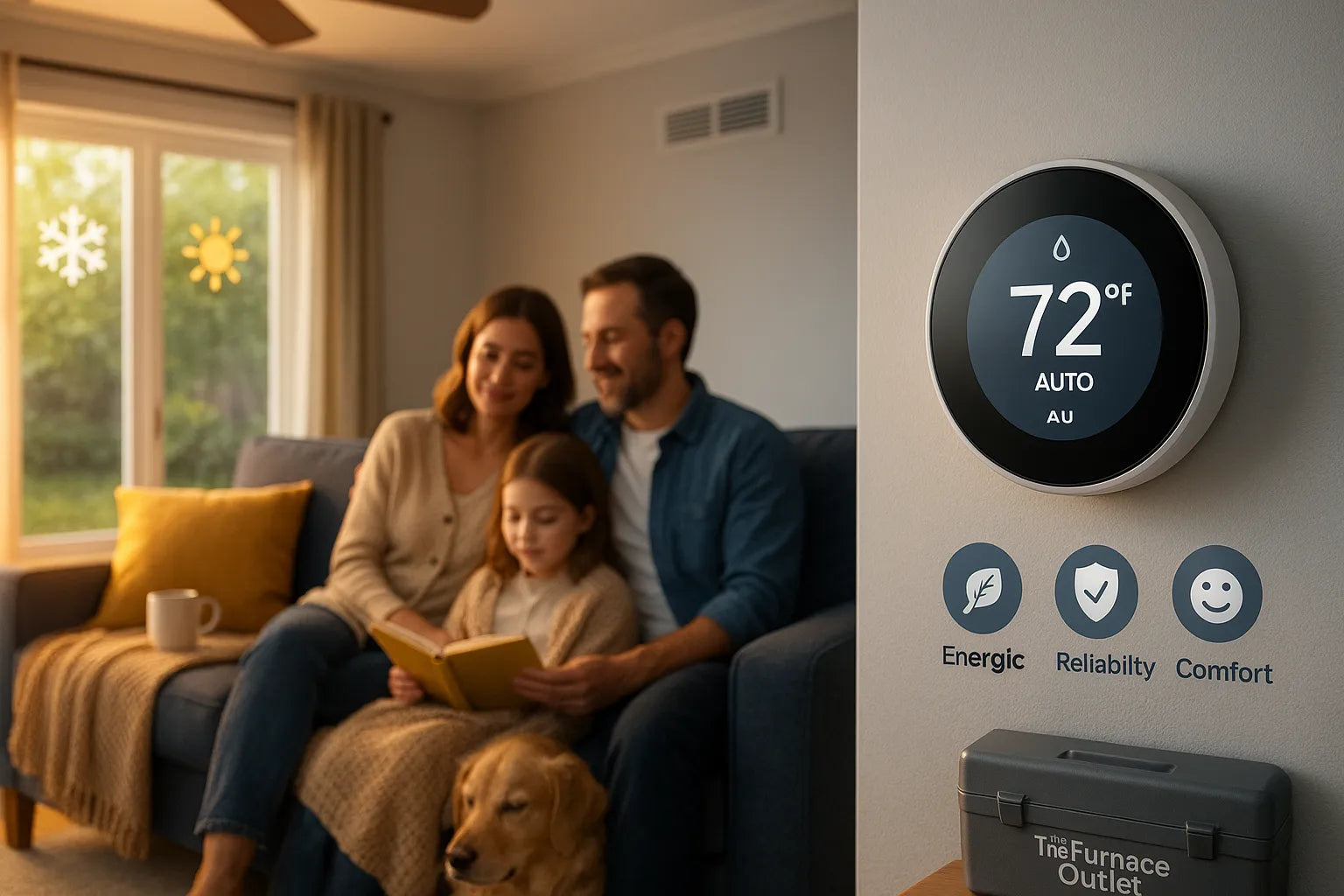 Family relaxing inside while a friendly Furnace Outlet technician checks an energy-efficient heat pump outside a modern U.S. home..webp