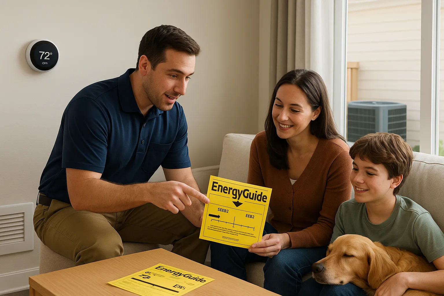 Family with HVAC pro reviewing a generic Energy Guide label in a bright living room, smart thermostat set to 72°F and outdoor condenser visible clean, efficient home comfort.