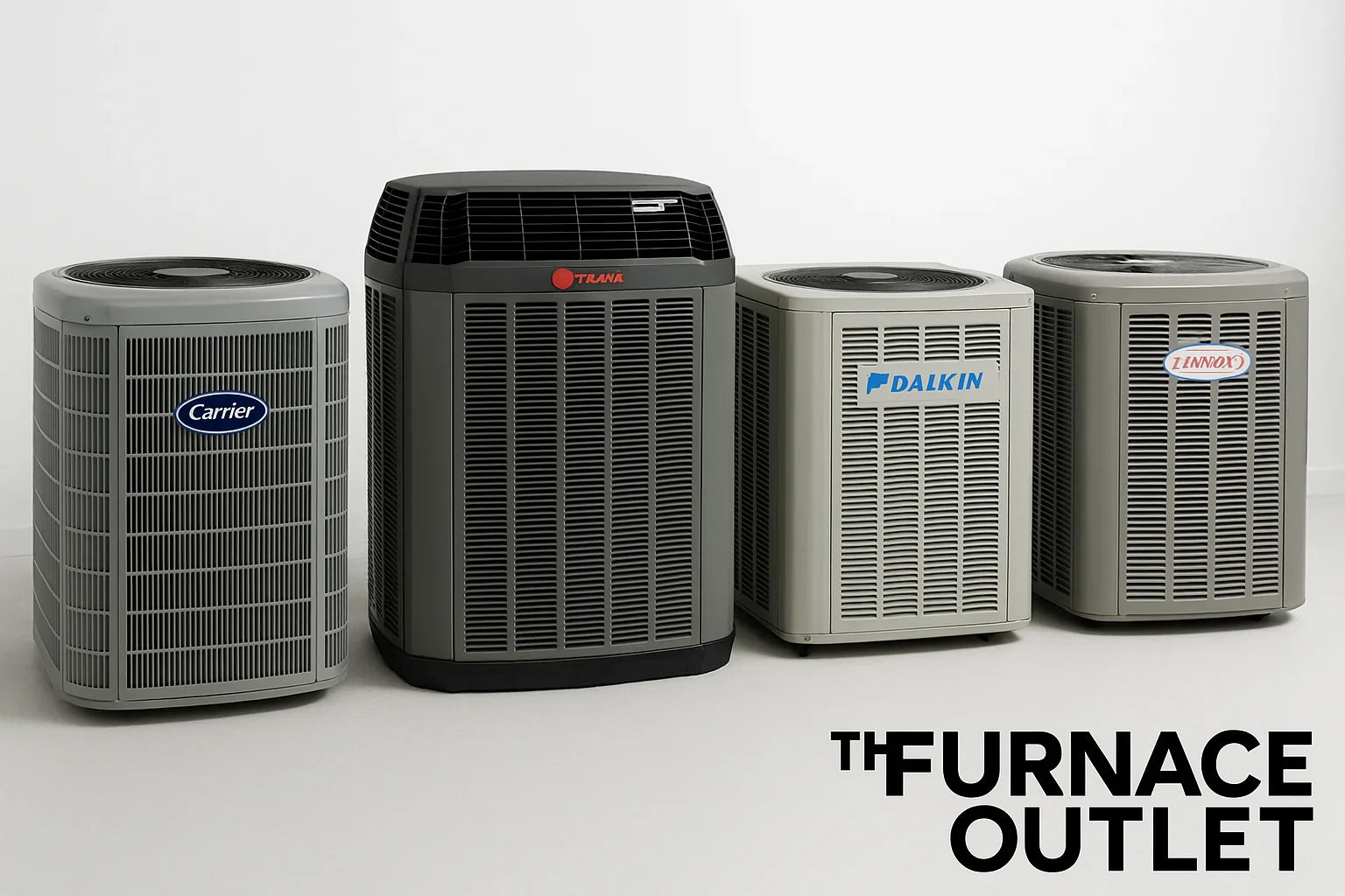 Four central air conditioner units from Carrier, Trane, Daikin, and Lennox in a clean studio setting with The Furnace Outlet logo