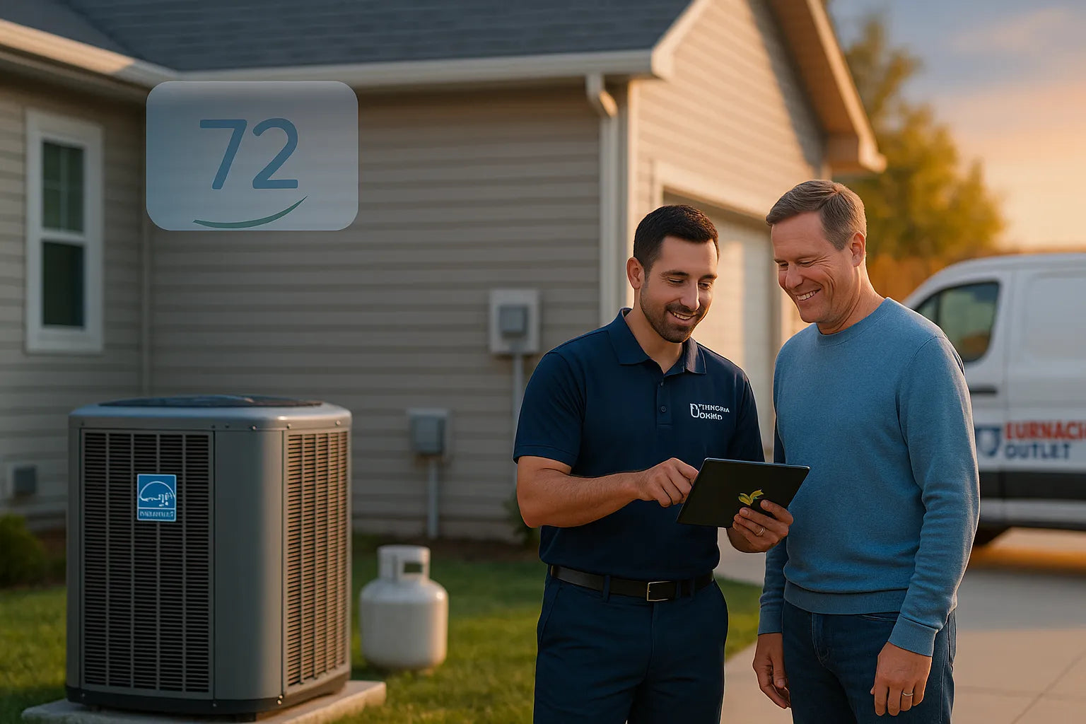 Friendly HVAC tech from The Furnace Outlet reviewing energy-efficient heating and cooling options with a homeowner beside a modern condenser and propane tank outside a U.S. home.