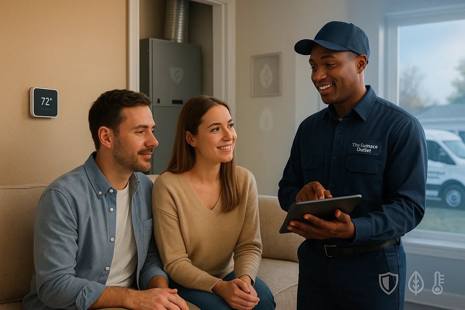 Friendly HVAC technician from The Furnace Outlet advising homeowners by a smart thermostat in a cozy, energy-efficient living room (heating and cooling hero).