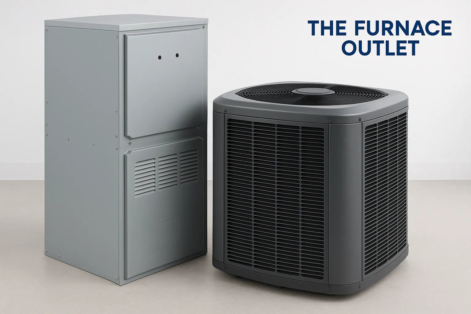Furnace and air conditioning unit displayed side by side in a clean indoor setting with The Furnace Outlet logo.