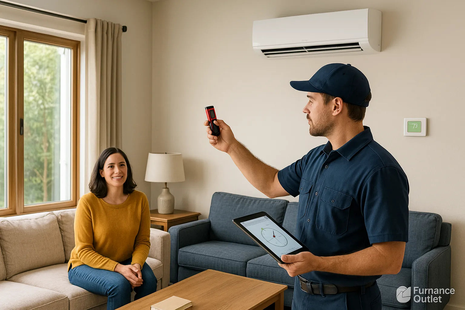 HVAC pro measuring a living room for right-sized mini-split placement and comfort.