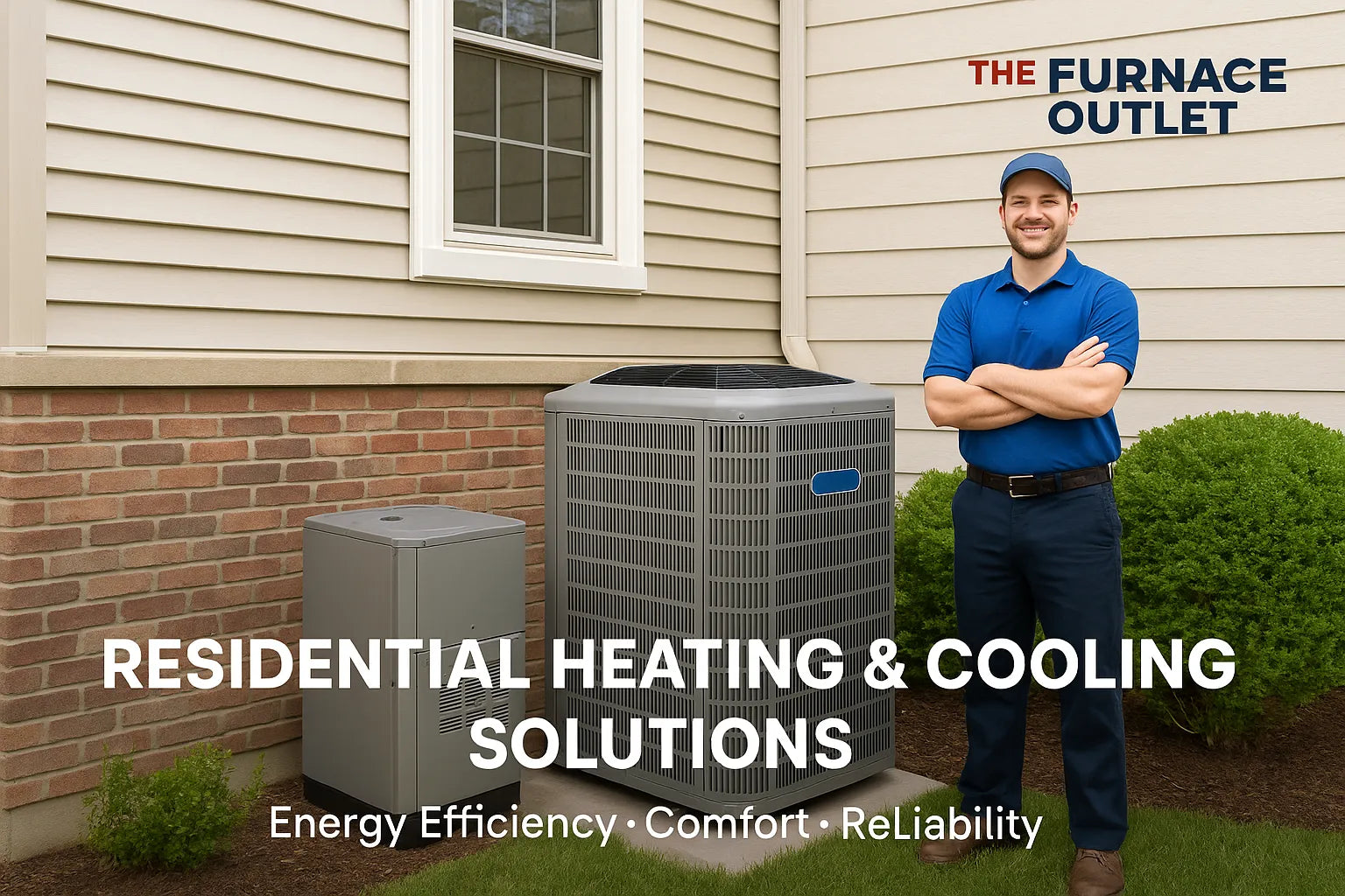 HVAC technician beside residential heating and cooling units showcasing energy-efficient comfort solutions.
