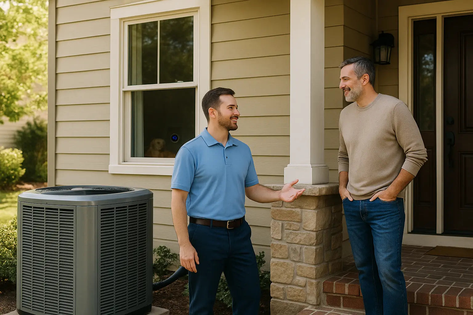 HVAC technician consulting a homeowner outside a comfortable suburban house with visible energy-efficient cooling system.