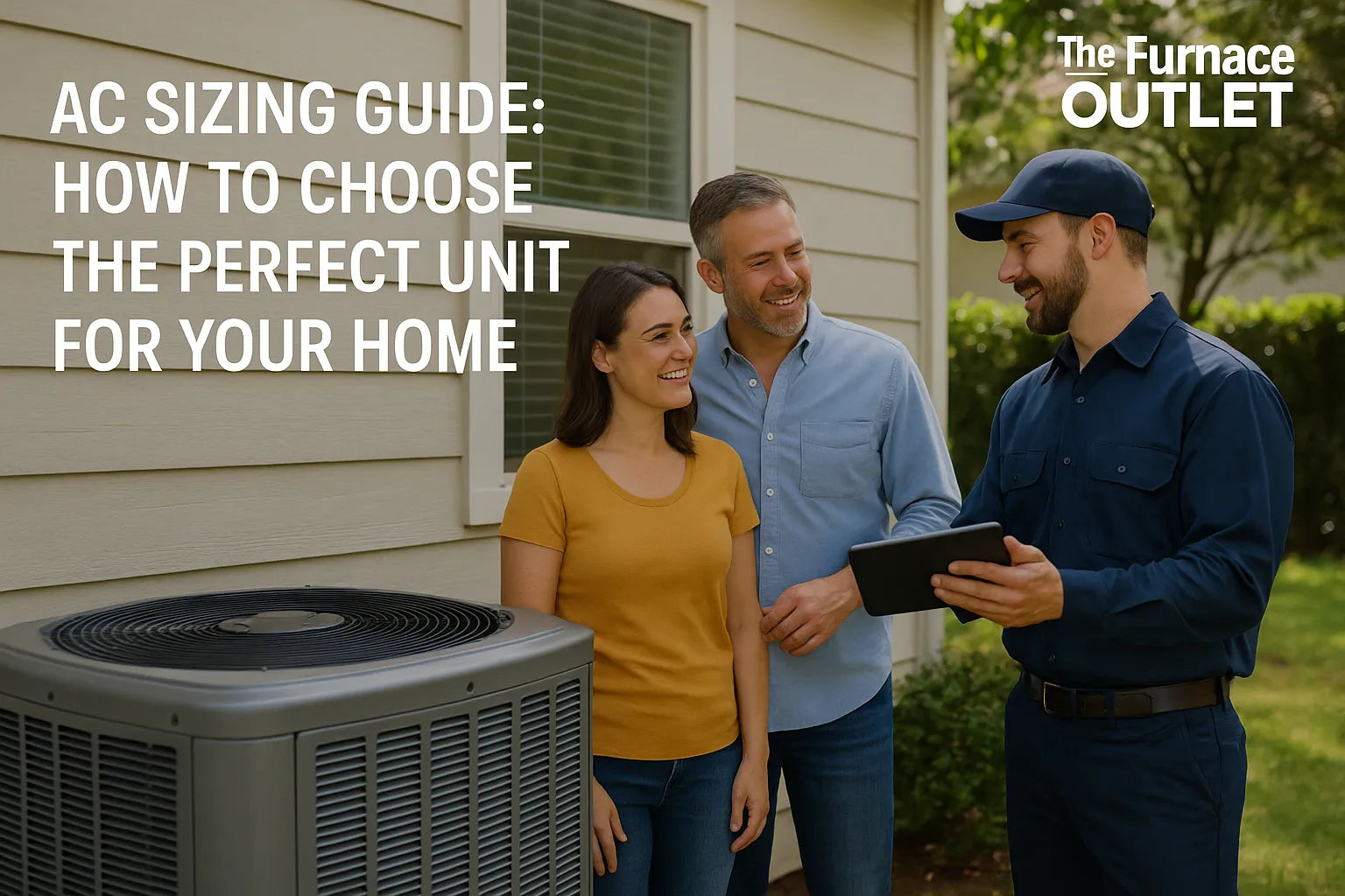 HVAC technician discusses AC sizing options with a couple beside their backyard unit on a sunny day.