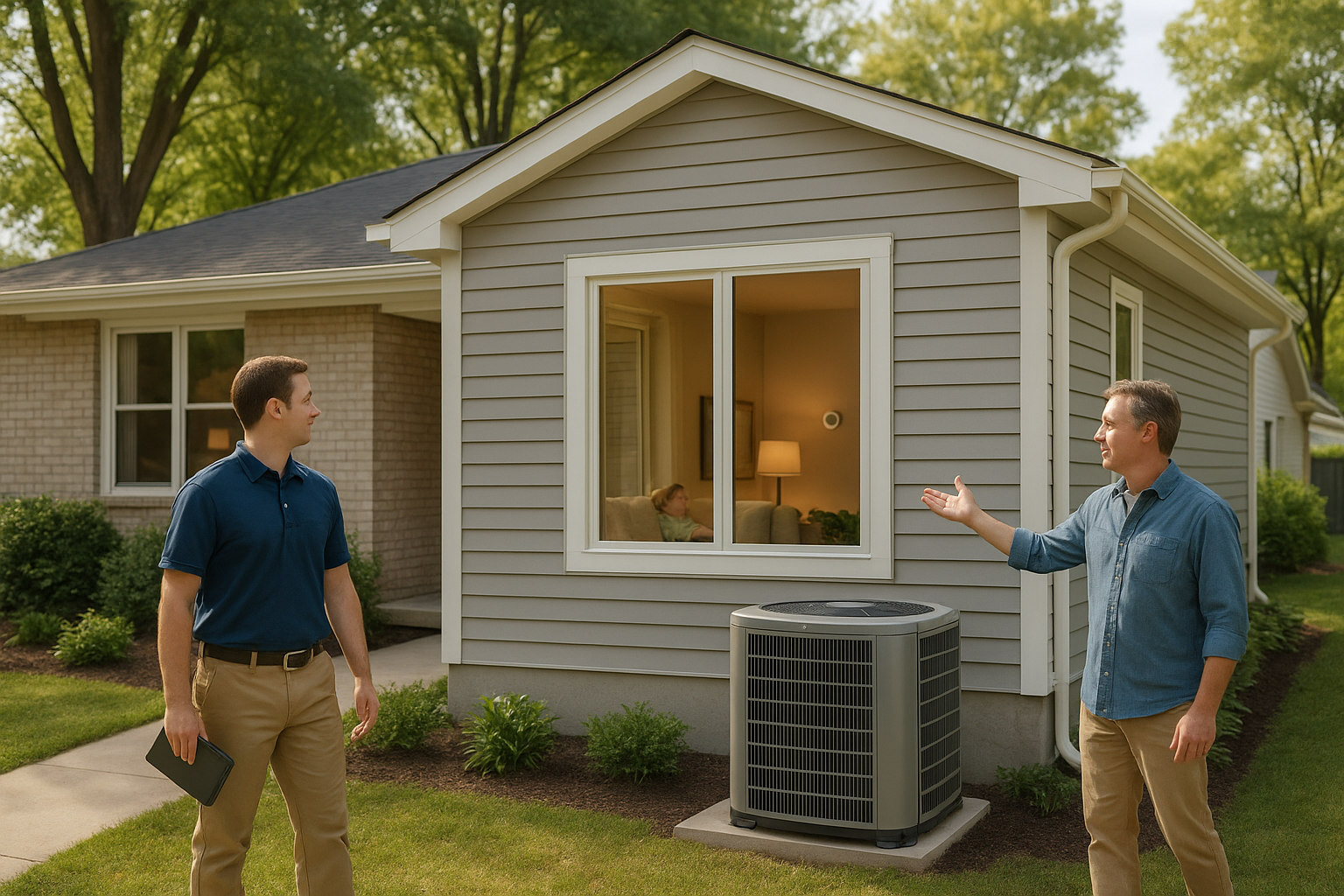 HVAC technician discusses sizing needs with homeowner outside a newly renovated home with energy-efficient features.