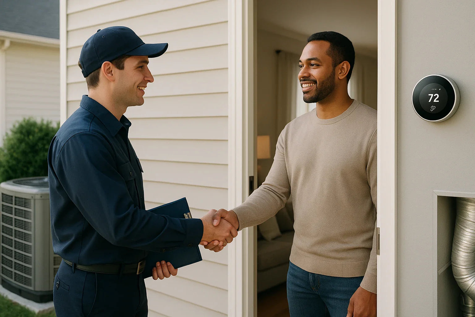 HVAC technician greeting a homeowner outside a modern suburban home with efficient AC unit and smart thermostat, conveying reliable, energy-efficient comfort.