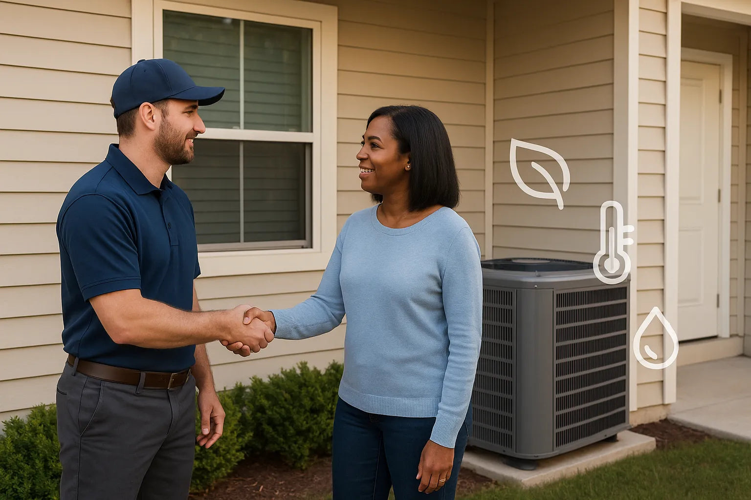 HVAC technician greeting a homeowner outside a suburban house beside a modern heat pump, signaling efficient, reliable home comfort.