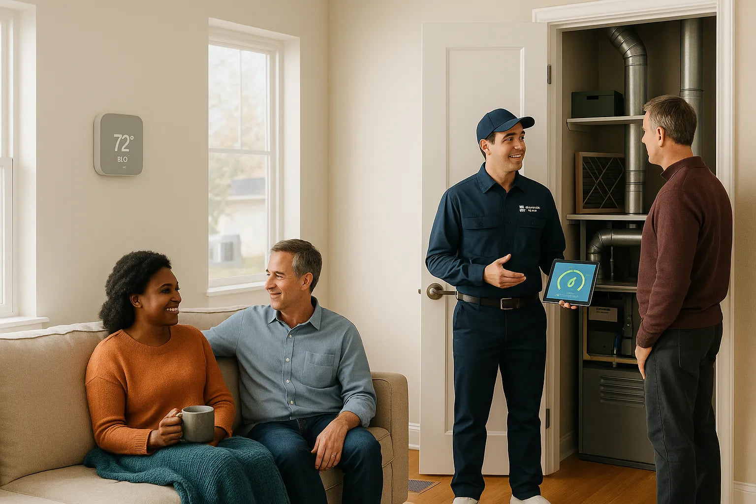 HVAC technician reviewing an energy-efficient furnace with a homeowner while a couple relaxes in a cozy living room, conveying comfort, reliability, and savings.