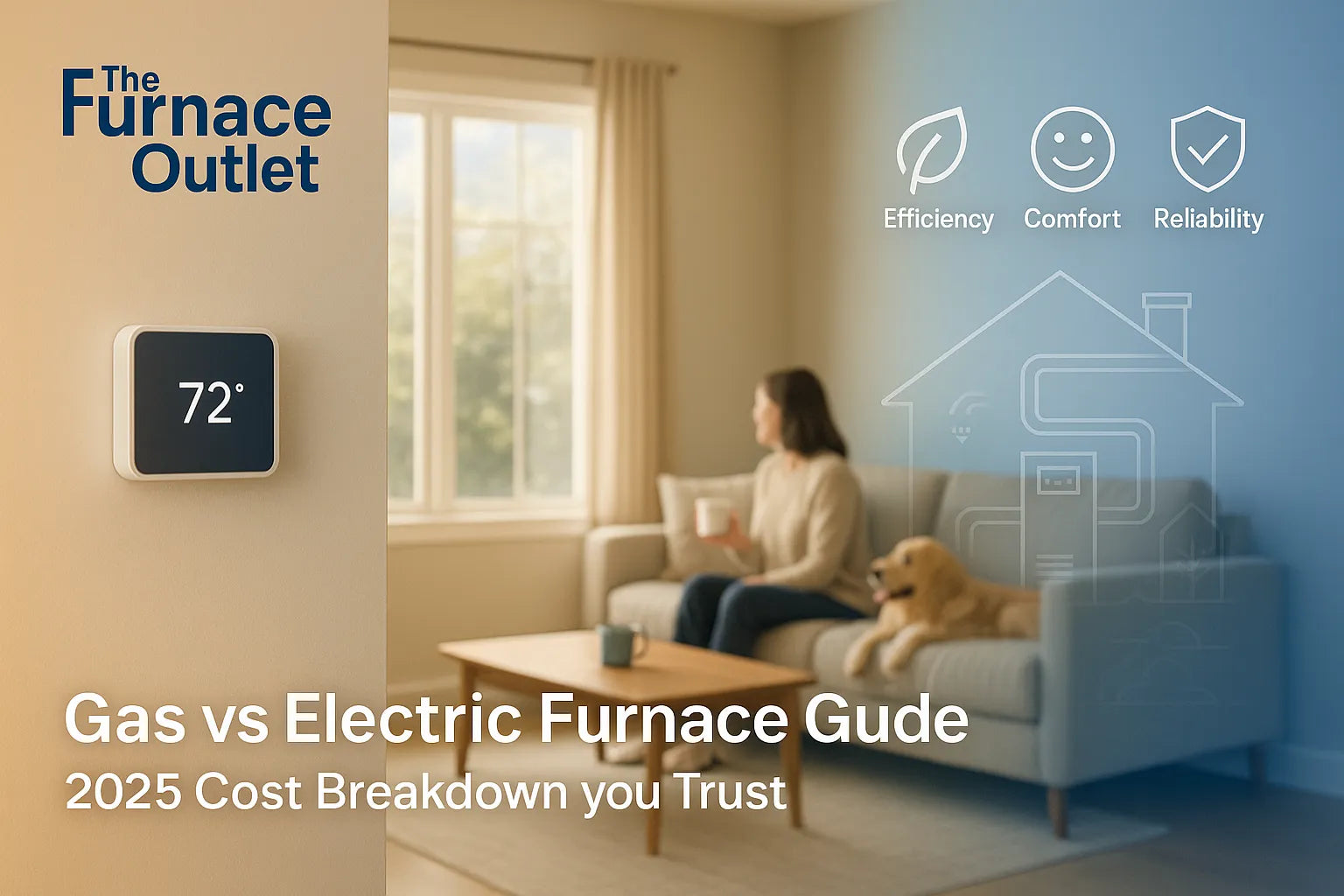 HVAC technician reviewing an energy-efficient furnace with a homeowner while a couple relaxes in a cozy living room, conveying comfort, reliability, and savings.