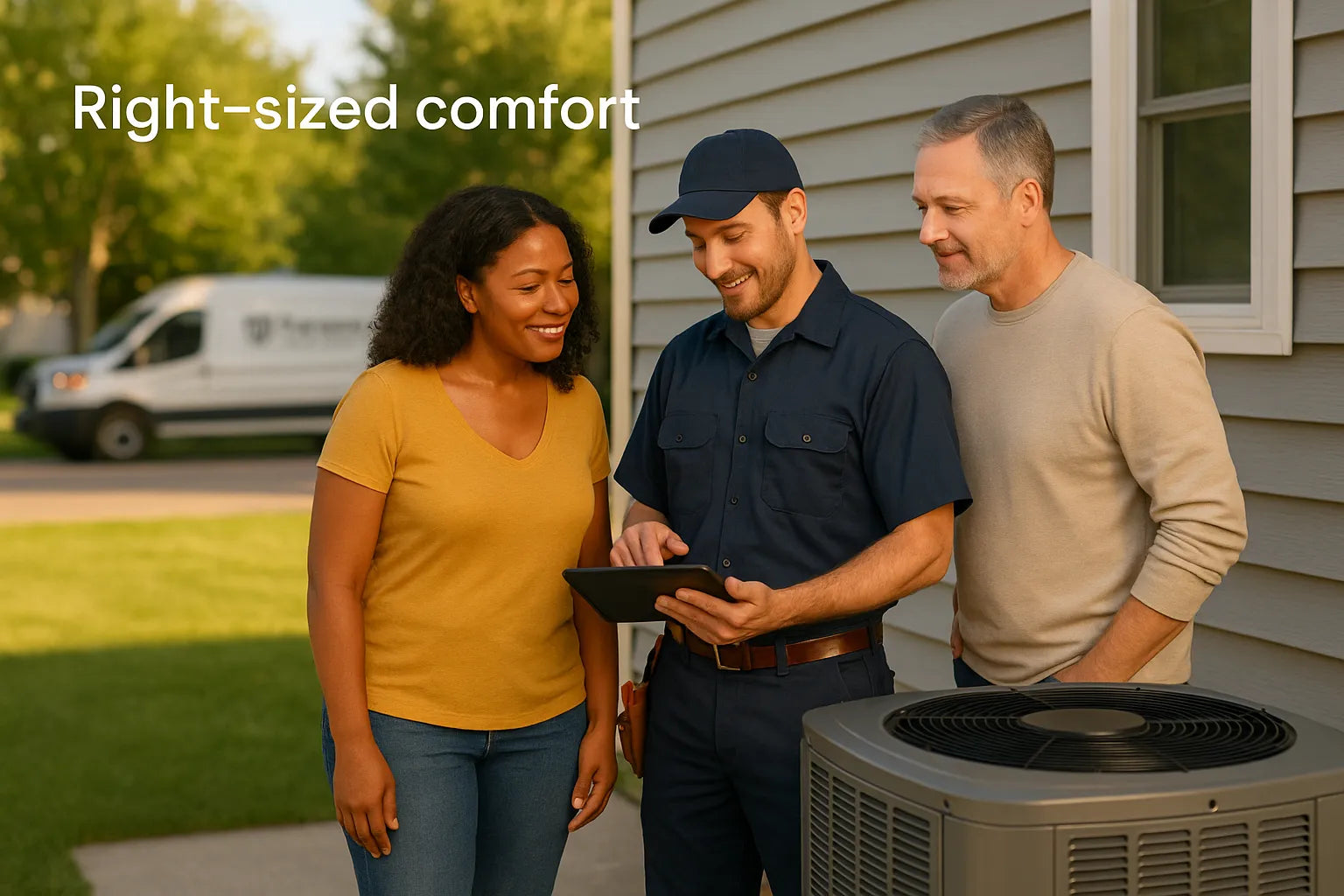 HVAC technician reviewing energy-saving options with two homeowners beside an outdoor AC condenser at a sunlit U.S. home; subtle “Right-sized comfort” overlay in corner.