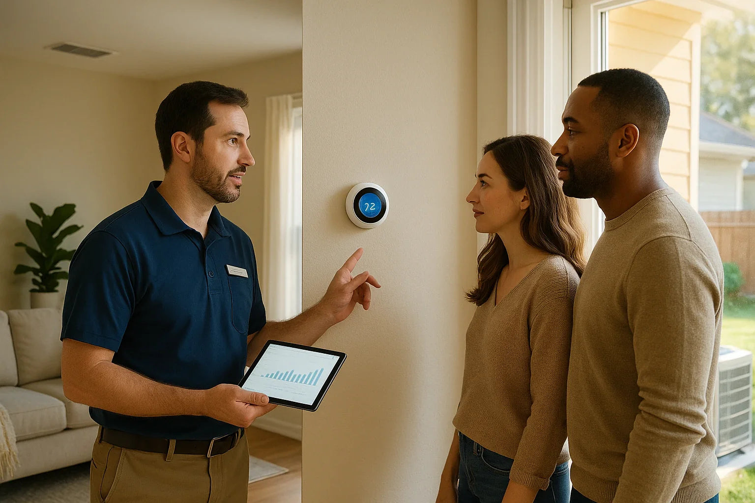 HVAC technician reviews smart thermostat settings with homeowners in a sunlit U.S. living room, highlighting energy-efficient heating and cooling.