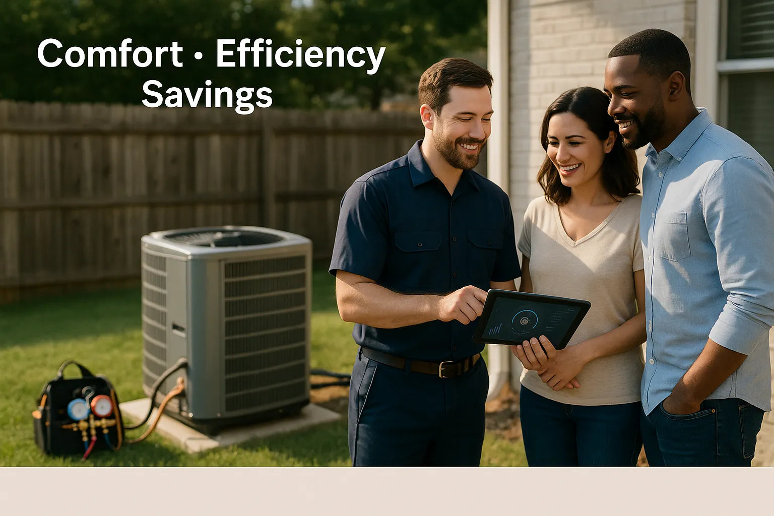 HVAC technician showing a smart-energy dashboard on a tablet to two homeowners beside a backyard AC condenser at a suburban U.S. home, bright natural light.