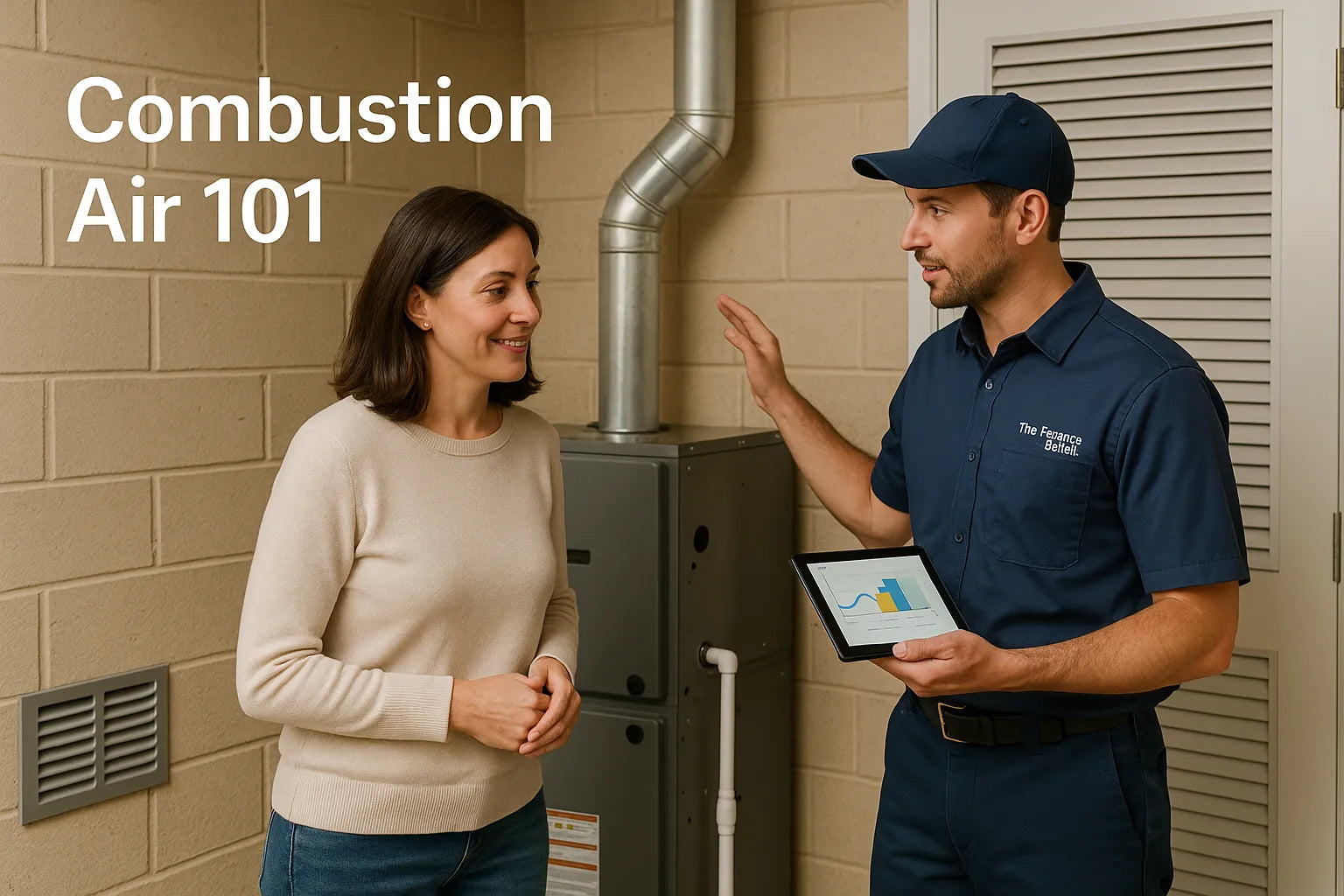 HVAC technician showing a smart-energy dashboard on a tablet to two homeowners beside a backyard AC condenser at a suburban U.S. home, bright natural light.