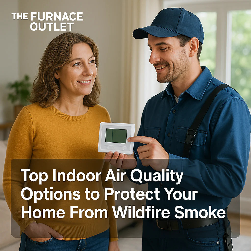 HVAC technician showing a smart thermostat to a homeowner in a bright living room, discussing indoor air quality improvements.