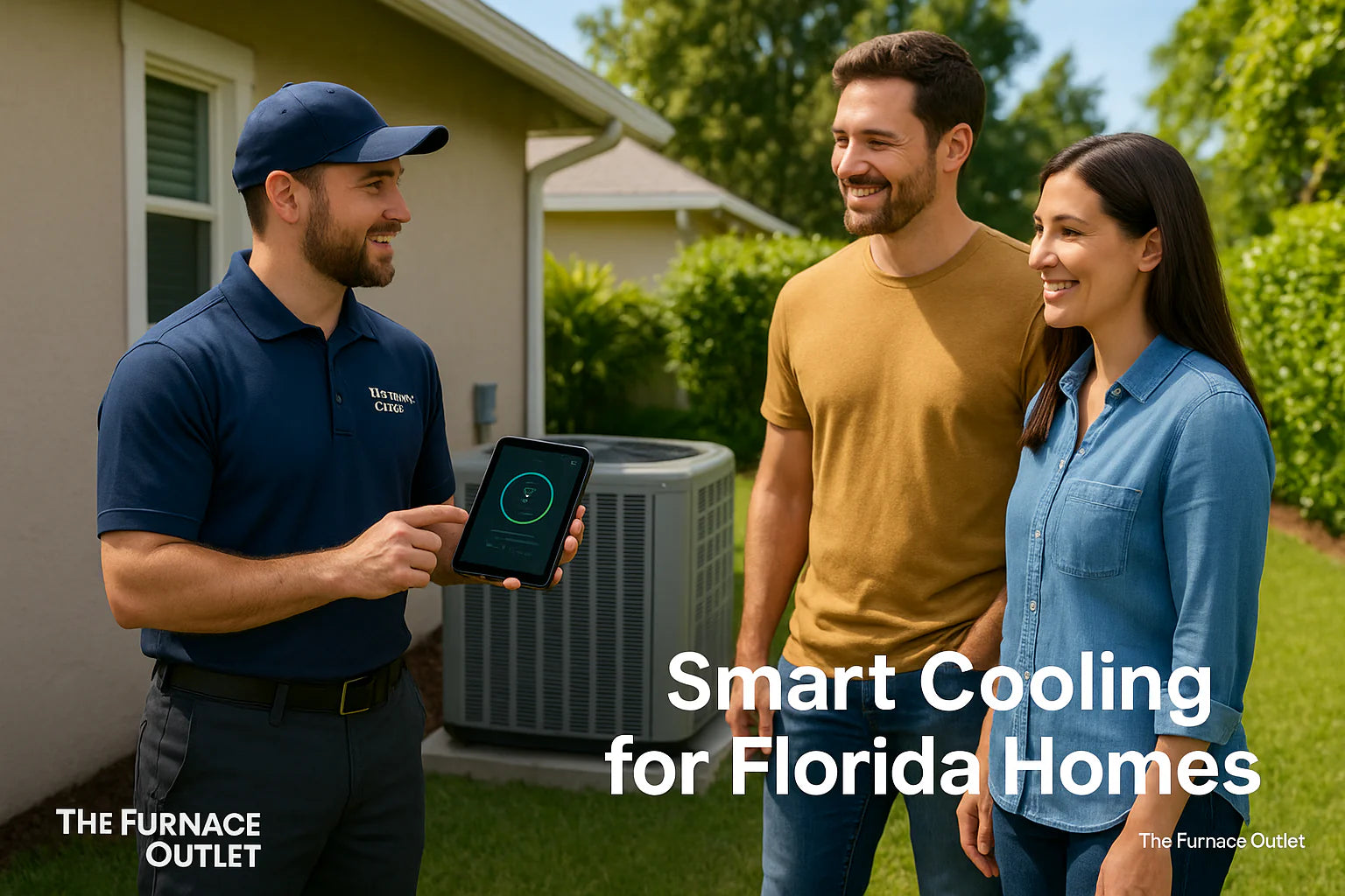 HVAC technician showing energy-savings data on a tablet to Florida homeowners beside their outdoor AC unit, illustrating smart cooling solutions from The Furnace Outlet.